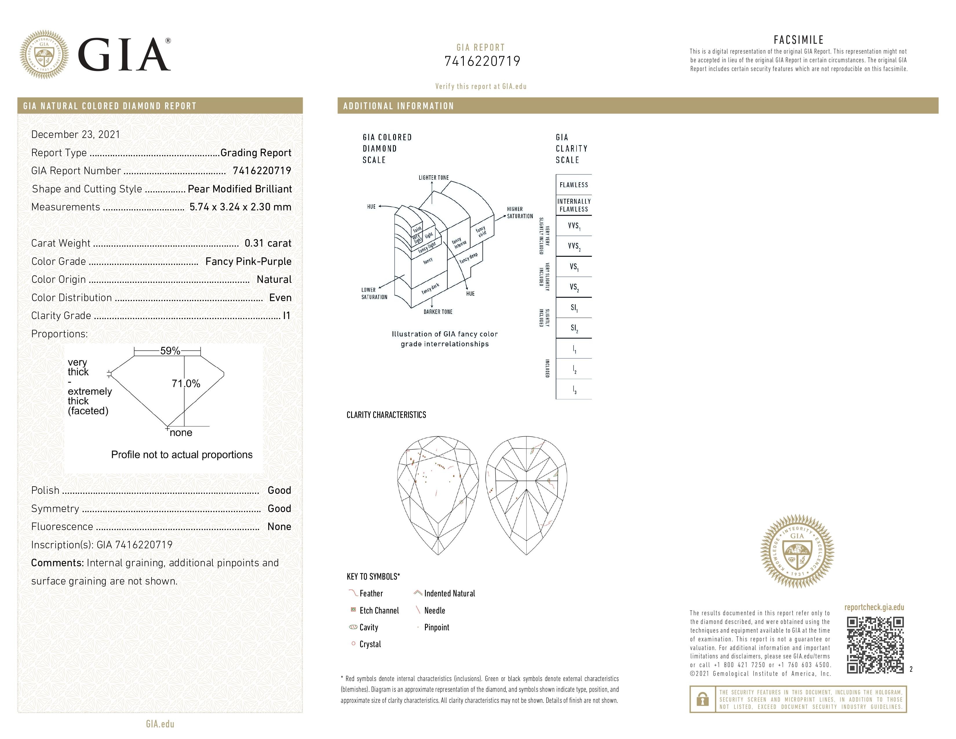 GIA Certified 0.31ct Fancy Pink-Purple Natural Fancy Color Diamond Women Ring In New Condition For Sale In Hong Kong, HK