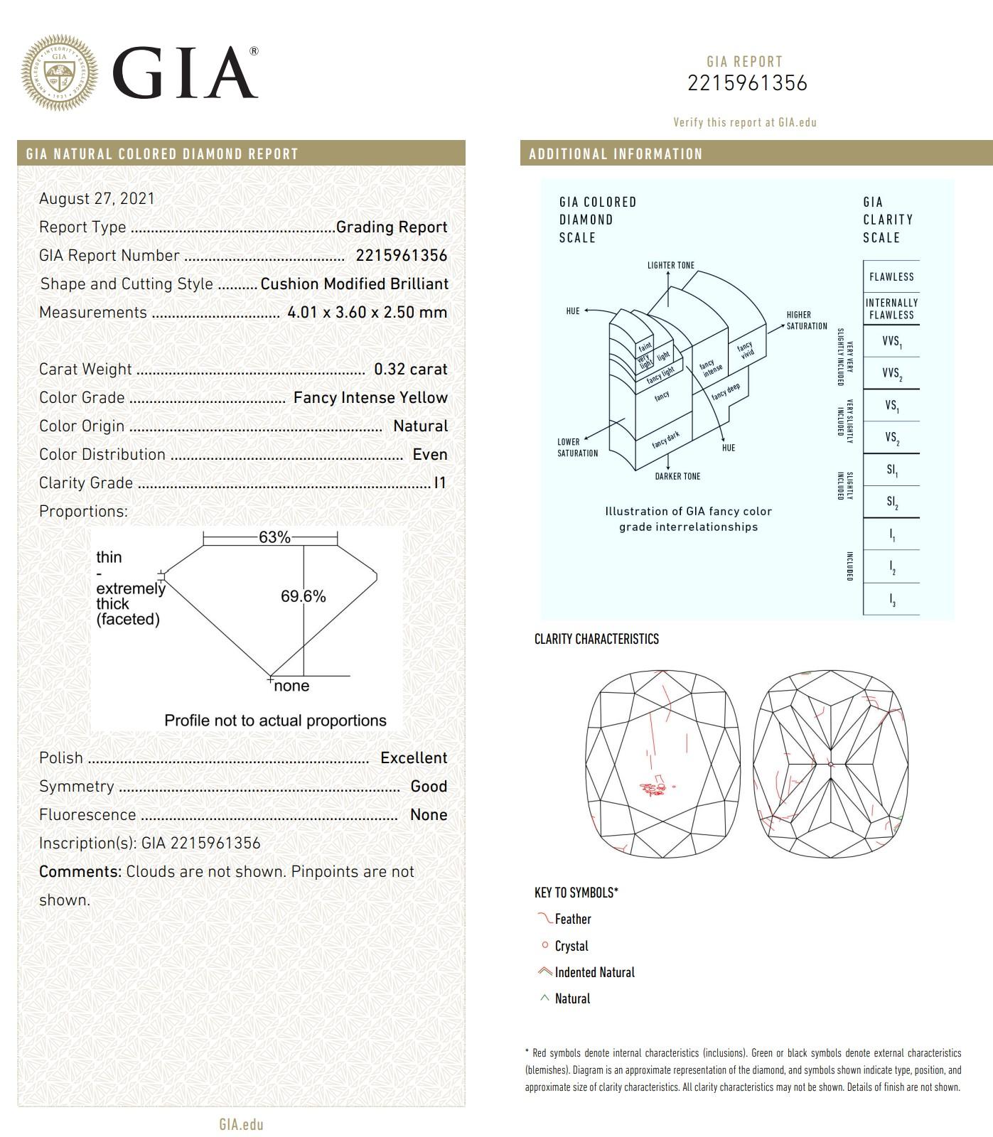 Diamant jaune intense de 0,32 carat de pureté I1 certifié par le GIA en vente 1