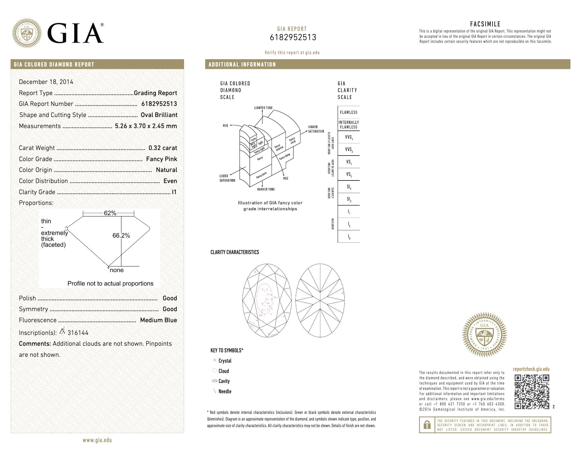 Diamante certificato GIA da 0,32 carati di colore rosa intenso con purezza I1 in vendita 1