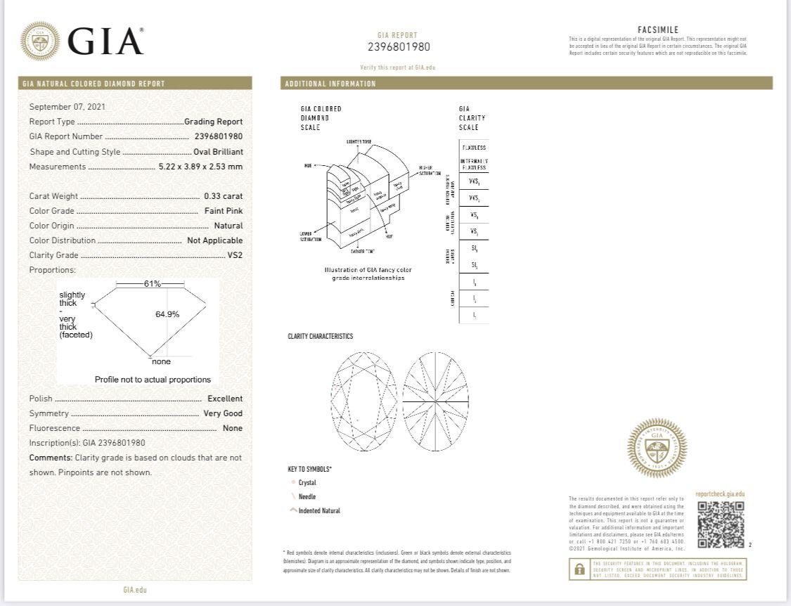 Anello con diamante certificato GIA da 0,33 carati di colore rosa tenue con purezza VS2 in vendita 3