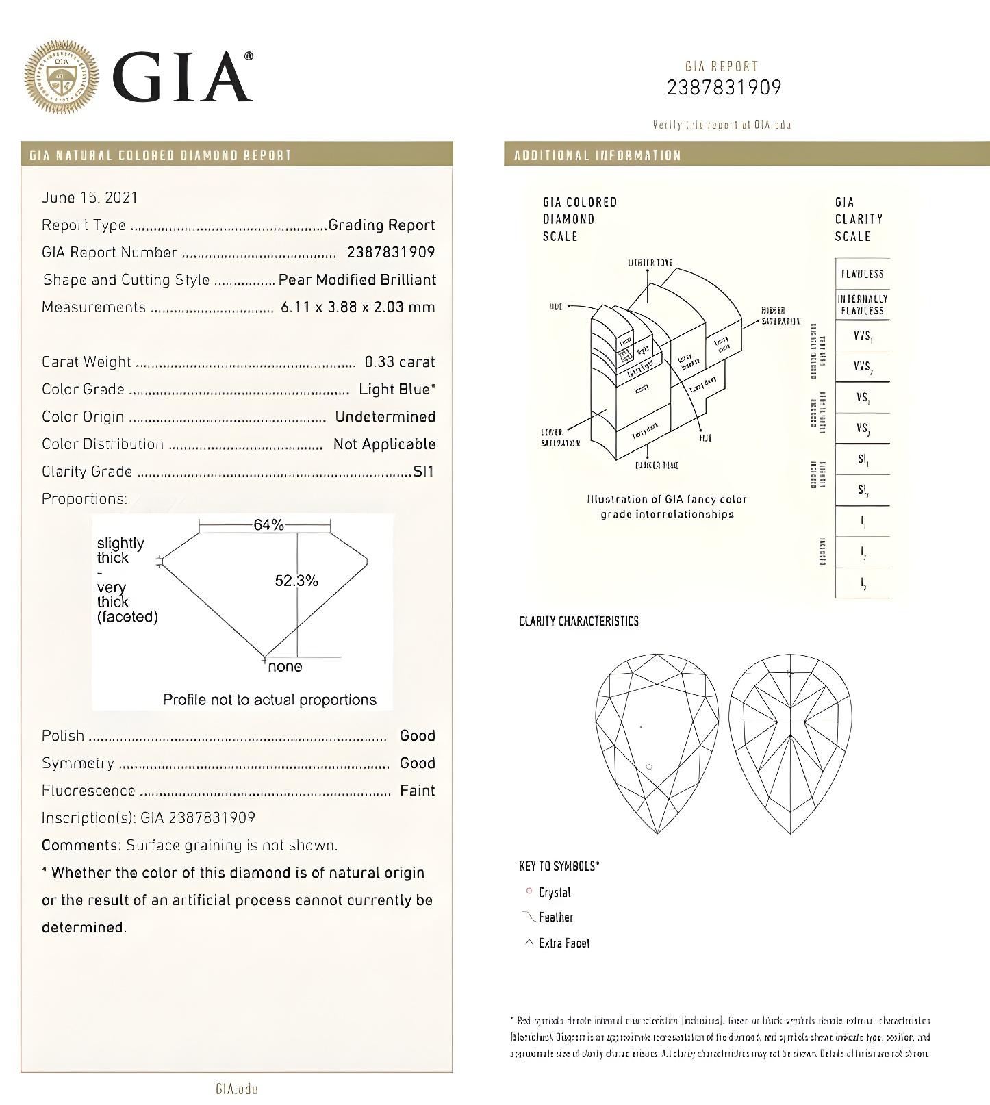 Anello con diamante certificato GIA da 0,33 carati di colore azzurro (indeterminato) con purezza SI1 in vendita 2