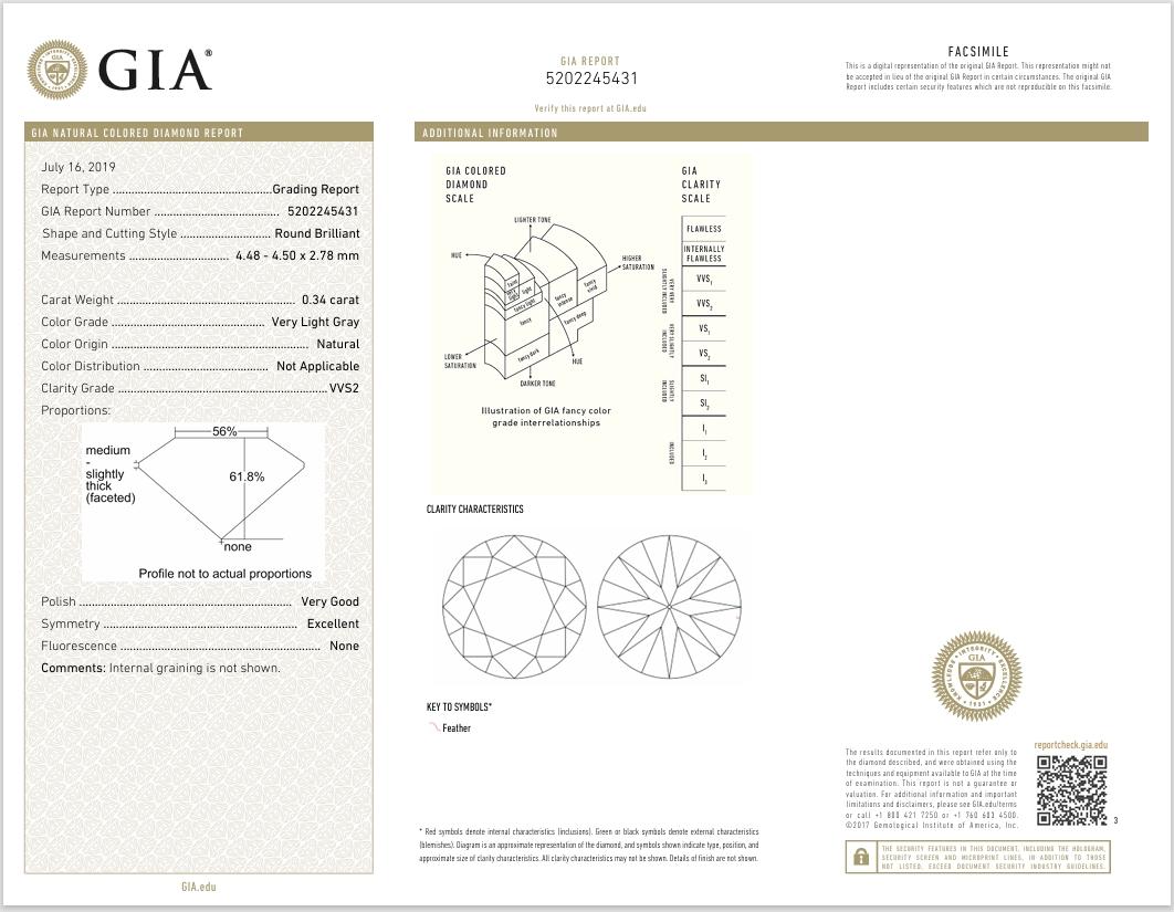 GIA Certified 0.34 Carat Very Light Gray VVS2 Clarity Diamond For Sale 1