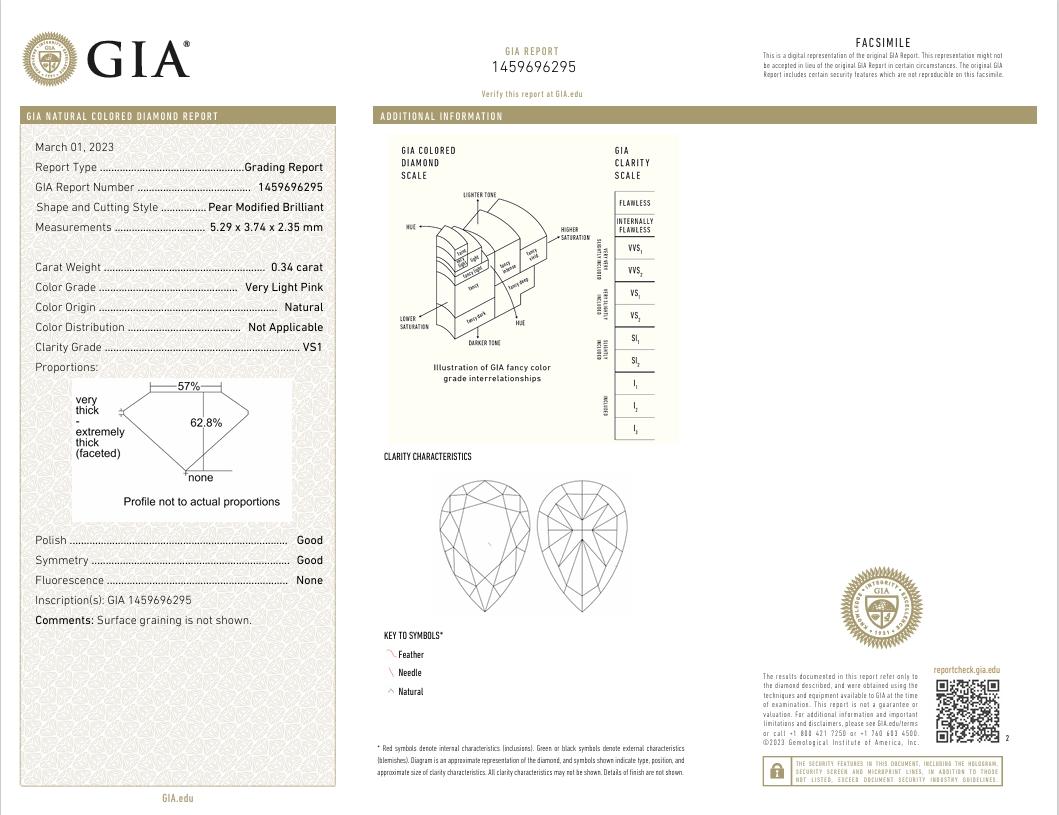 GIA Certified 0.34 Carat Very Light Pink VS1 Clarity Diamond For Sale 1