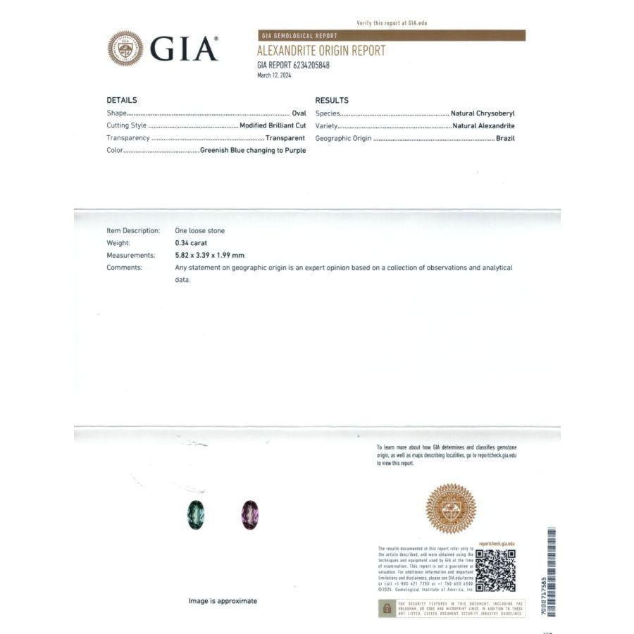 Ti presentiamo una splendida Alessandrite brasiliana naturale del peso di 0,34 carati, accompagnata da un rapporto GIA. Questa gemma di forma ovale misura 5,82 x 3,39 x 1,99 mm e presenta un accattivante effetto di cambiamento di colore dal