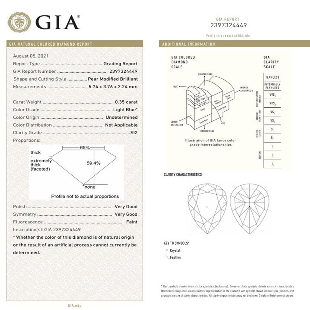 Bague en diamant certifié GIA de 0,35 carat bleu clair (indéterminé), pureté SI2 en vente 3