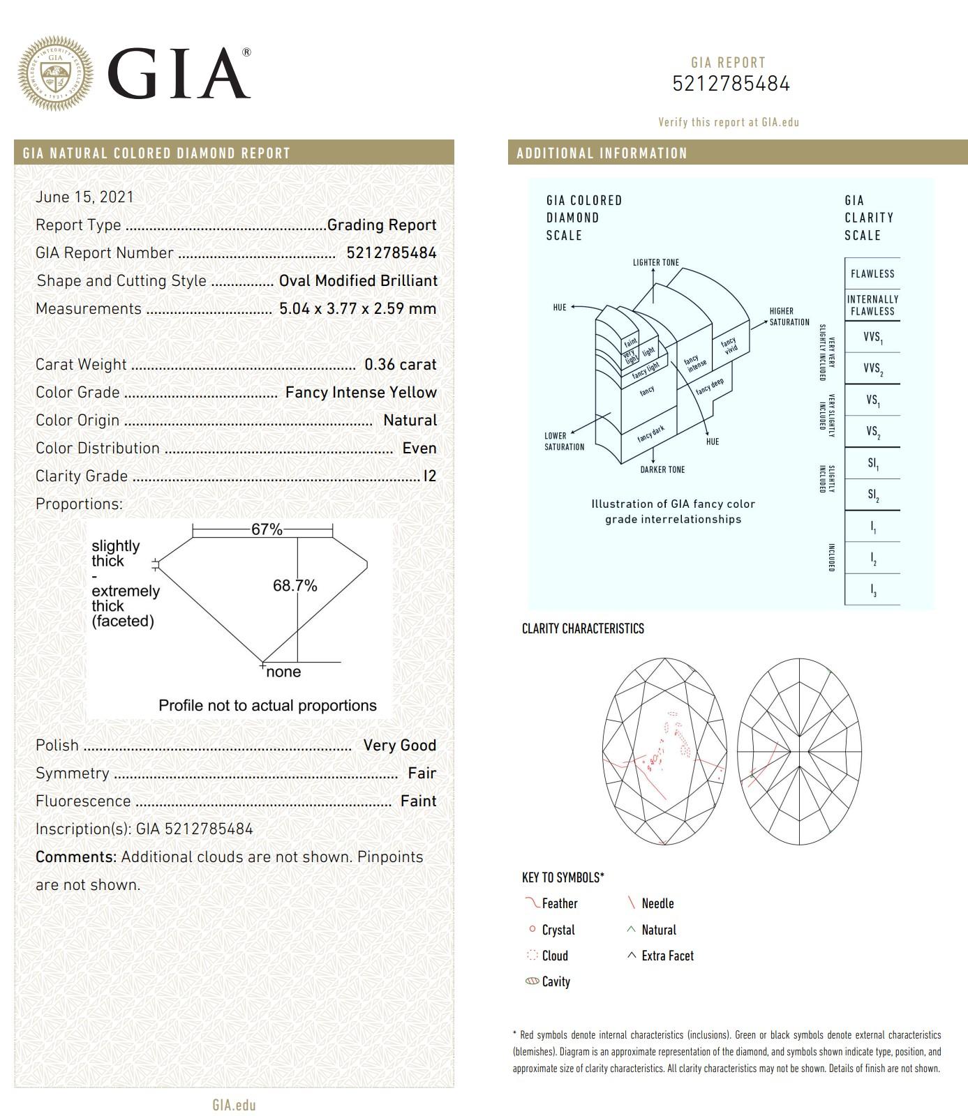 Diamante certificado por GIA de 0,36 quilates de color amarillo intenso de fantasía con claridad I2 en venta 1