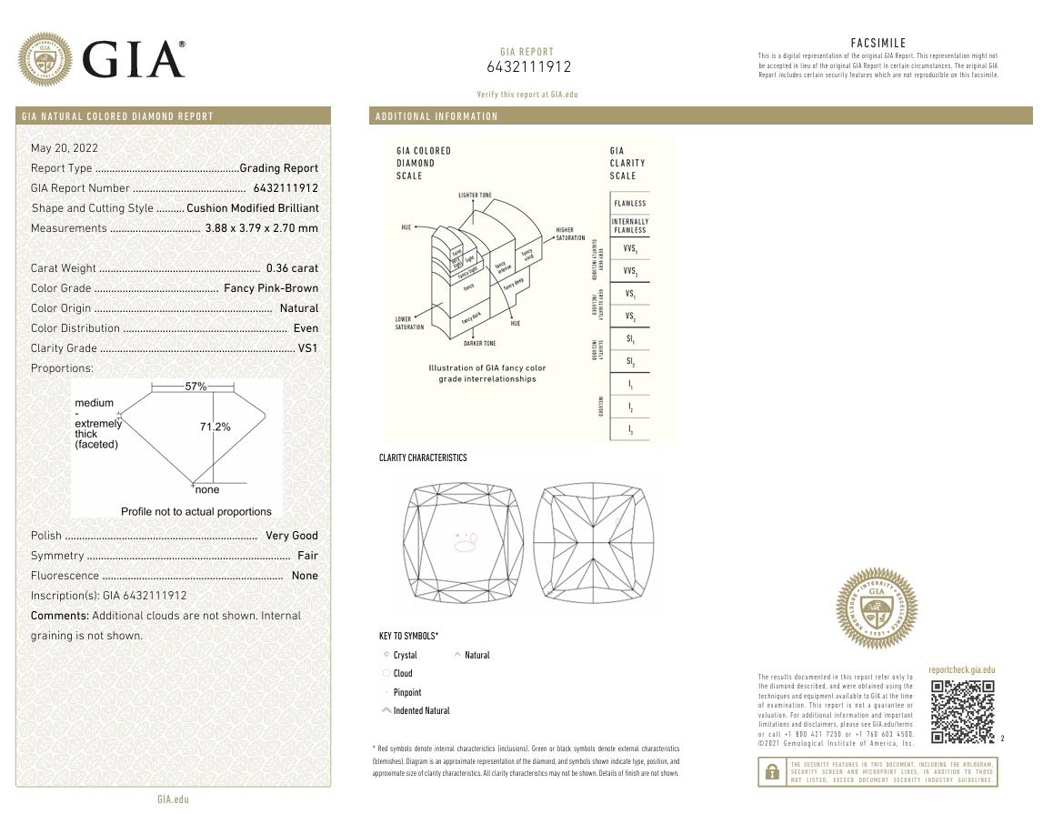 GIA Certificato 0,36 Carati Fancy Pink Brown VS1 Clarity Diamond in vendita 1
