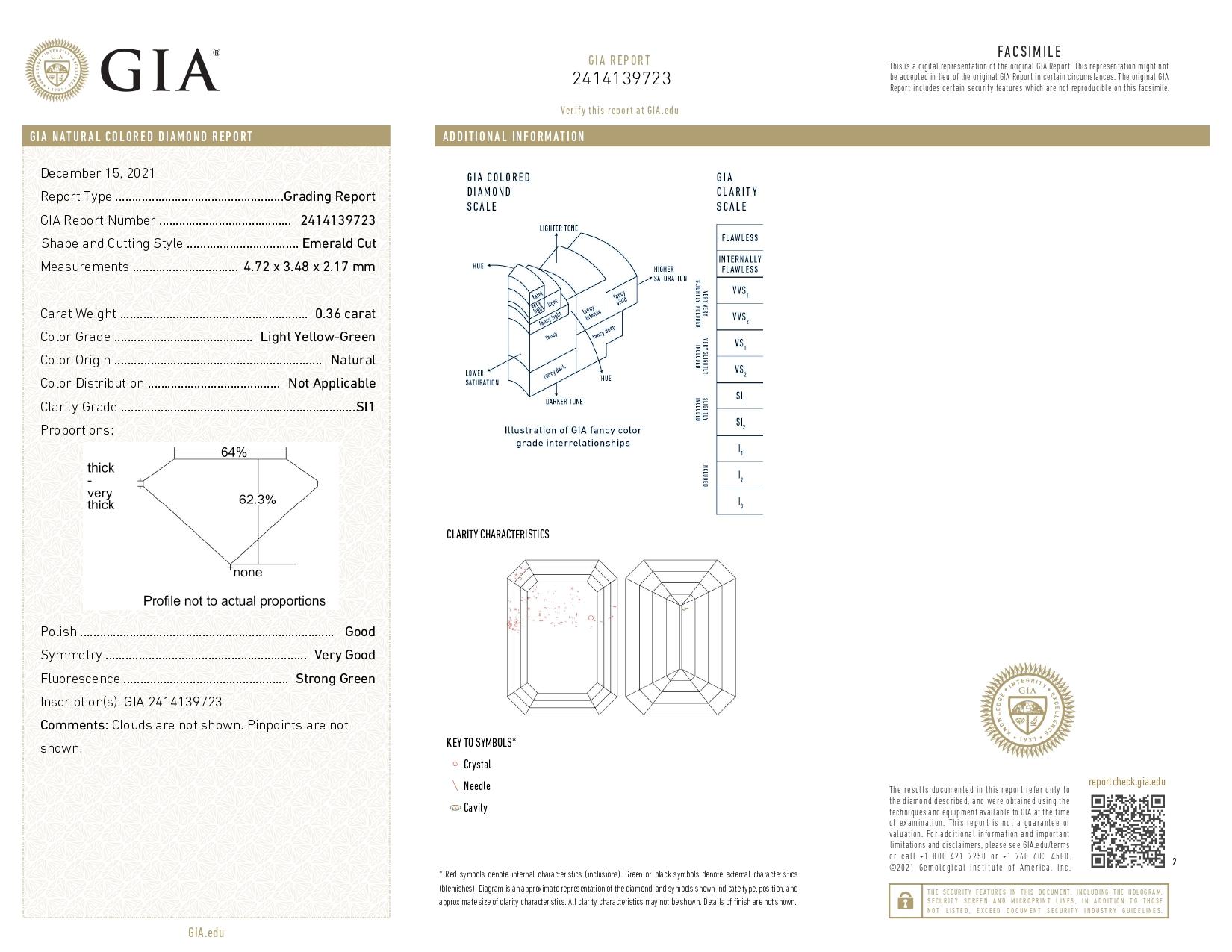 Diamant certifié GIA de 0,36 carat jaune vert clair SI1 Clarity en vente 1