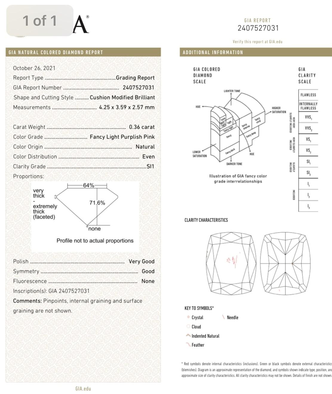 GIA Certified, 0.36ct Fancy Light Purplish Pink Cushion Shape Diamond Ring For Sale 2