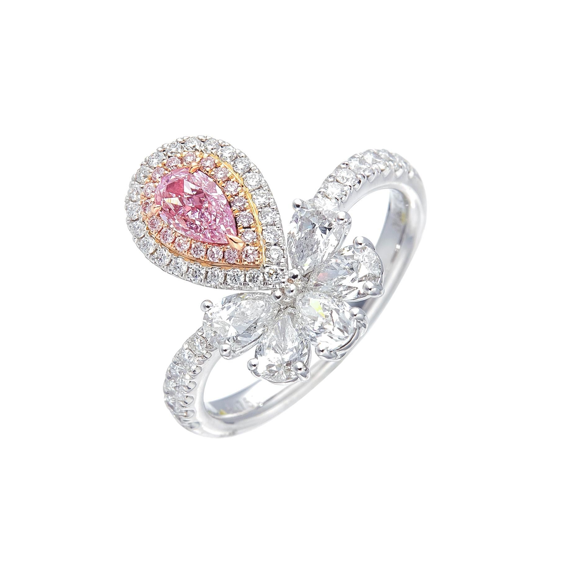 This exquisite piece of jewelry features a stunning 0.36-carat light pink pear-shaped diamond that has been certified by the Gemological Institute of America (GIA). The diamond is mounted on 18-karat gold, which gives the piece a luxurious and