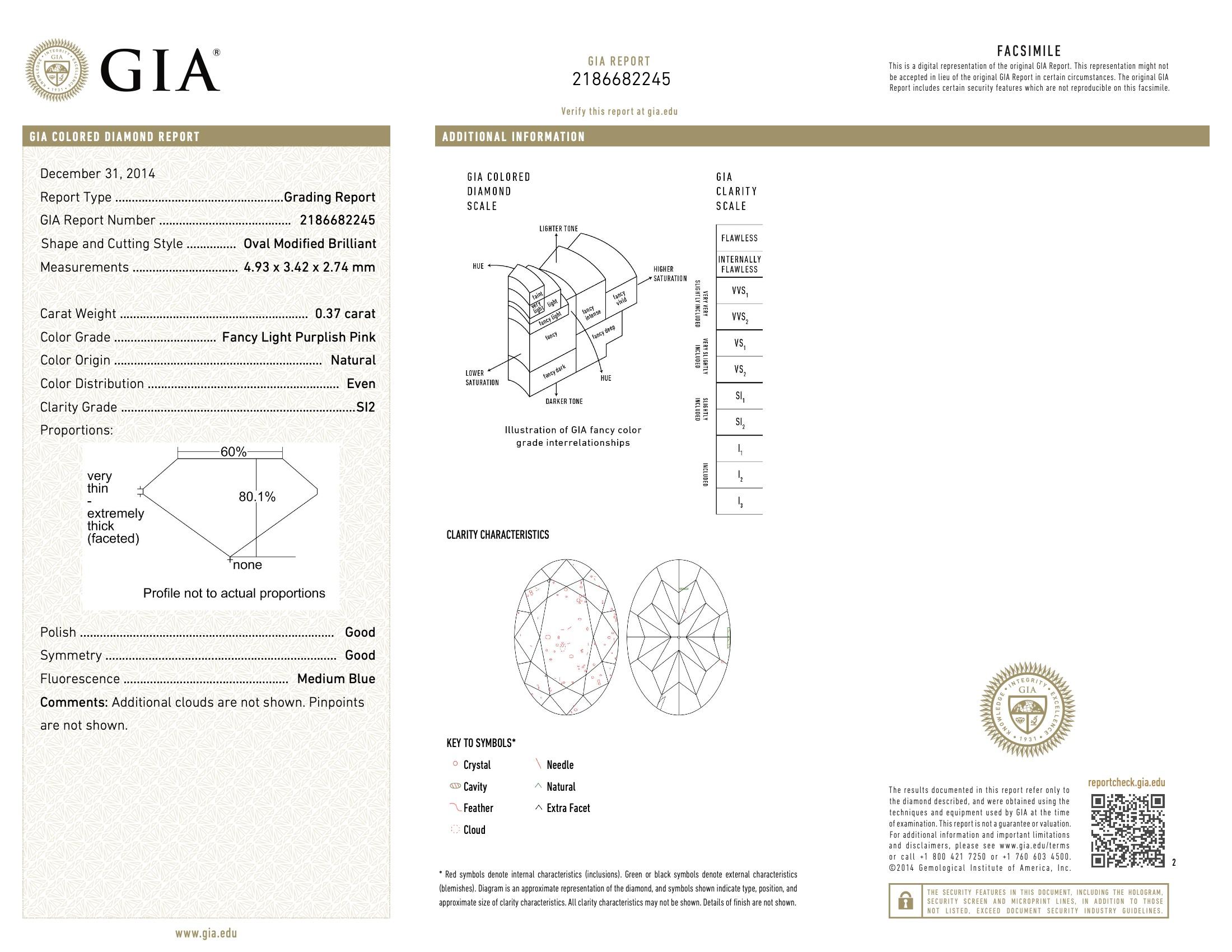 GIA Certified 0.37 Carat Fancy Light Purplish Pink SI2 Clarity Diamond For Sale 1