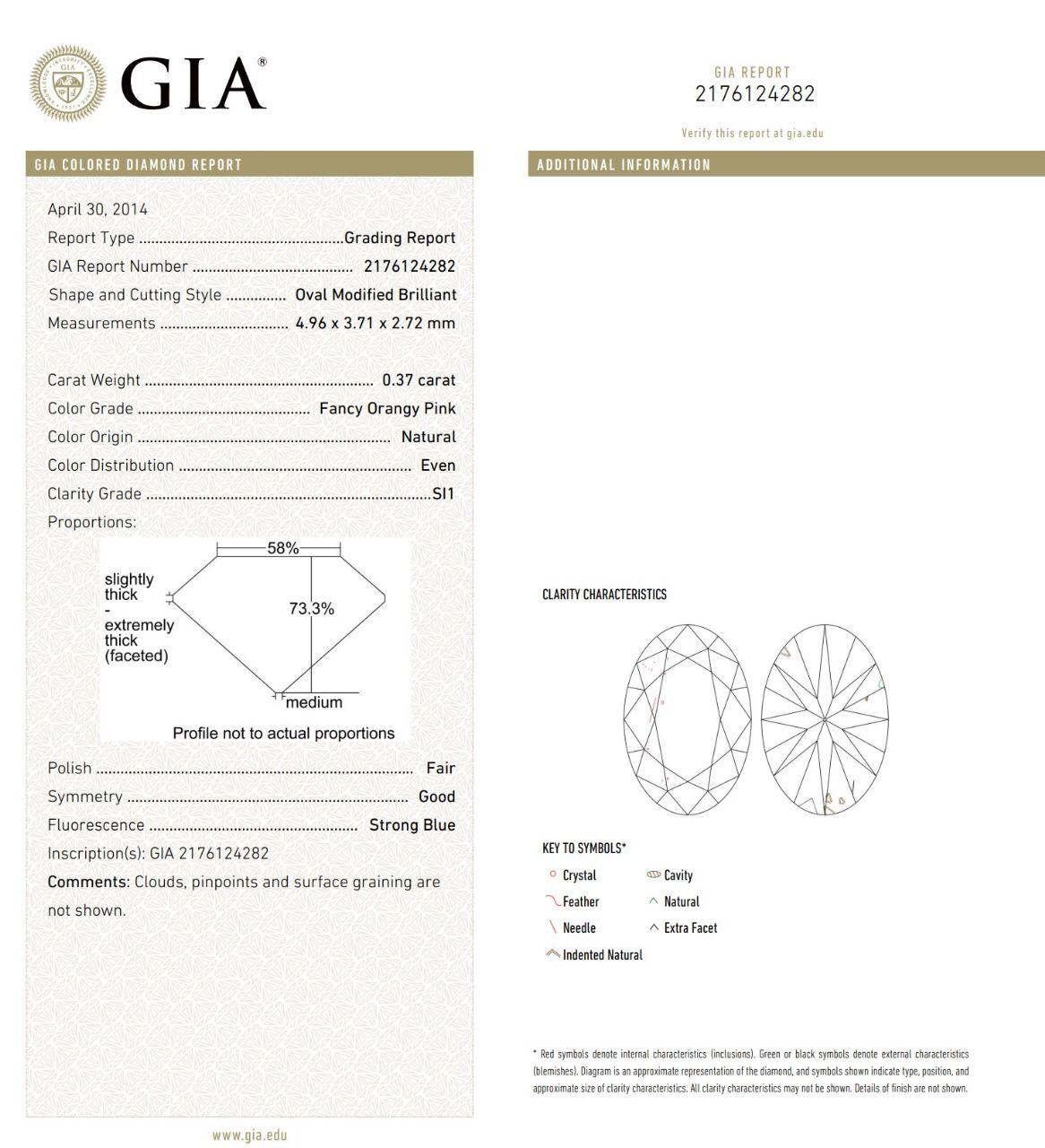 GIA Certified 0.37 Carat Fancy Orangy Pink SI1 Clarity Diamond Earrings For Sale 3