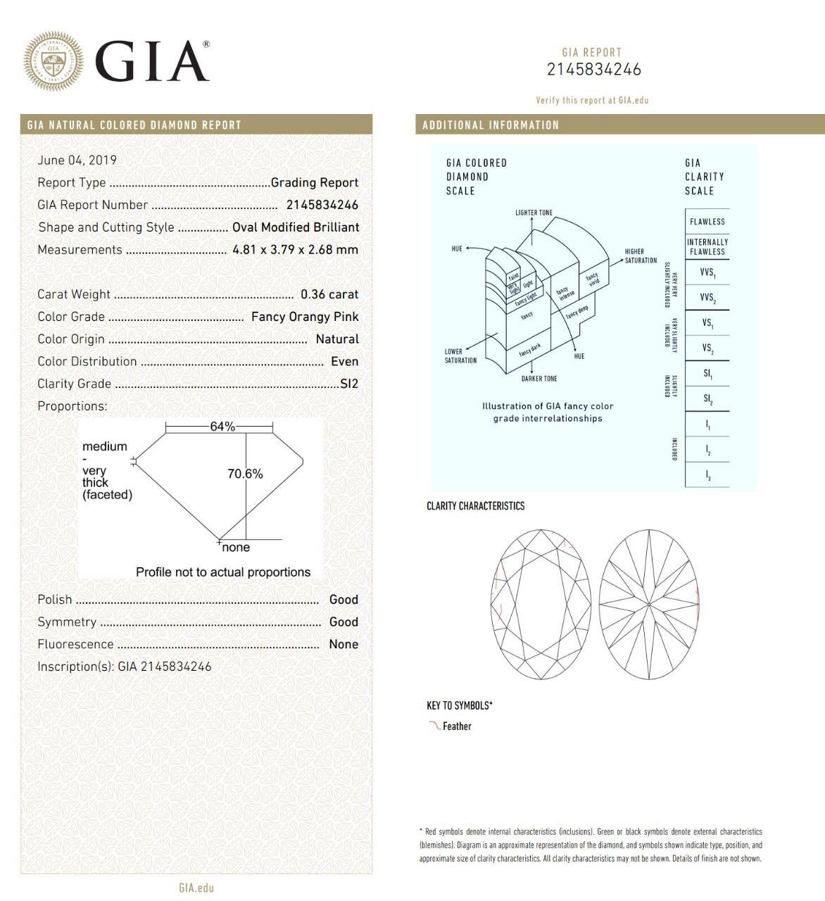 GIA Certified 0.37 Carat Fancy Orangy Pink SI1 Clarity Diamond Earrings For Sale 2