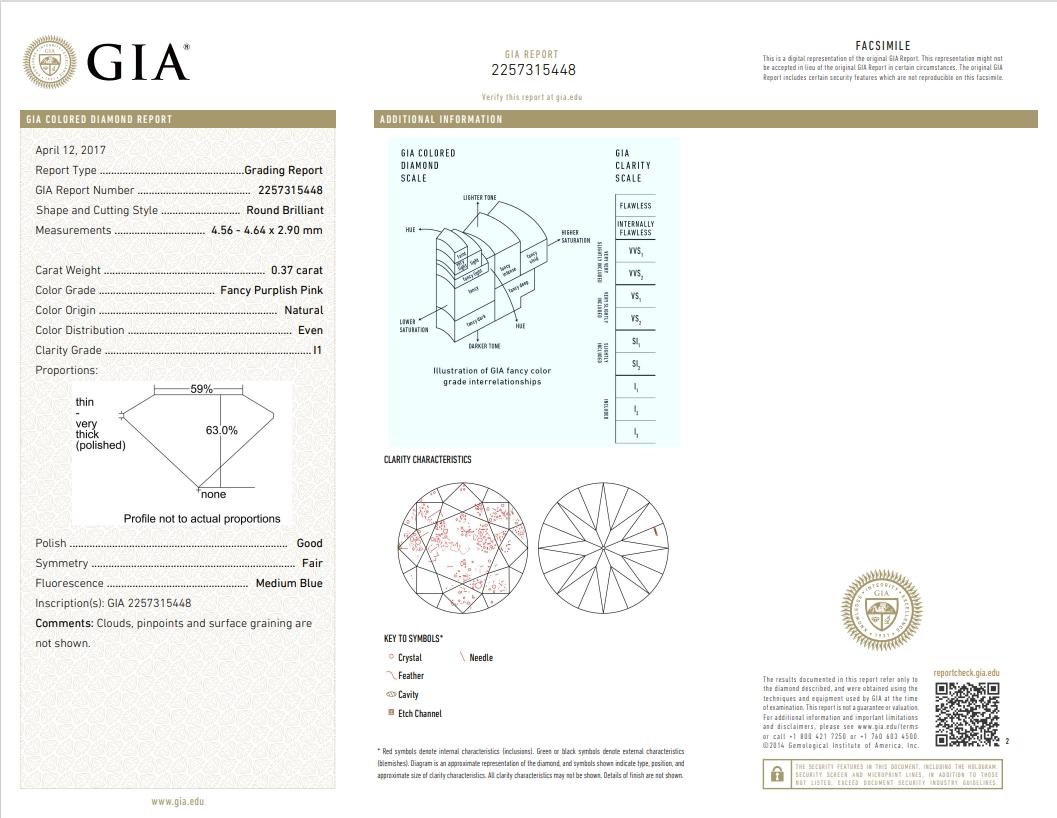 GIA-zertifiziert 0,37 Karat Fancy Lila Rosa I1 Reinheit Diamant im Angebot 1