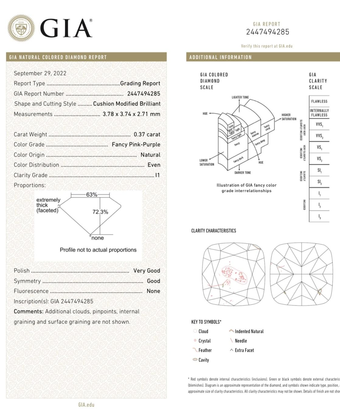 GIA Certified, 0.37ct Fancy Pink-Purple Cushion Shape Natural Diamond Ring 18K In New Condition For Sale In Hong Kong, HK
