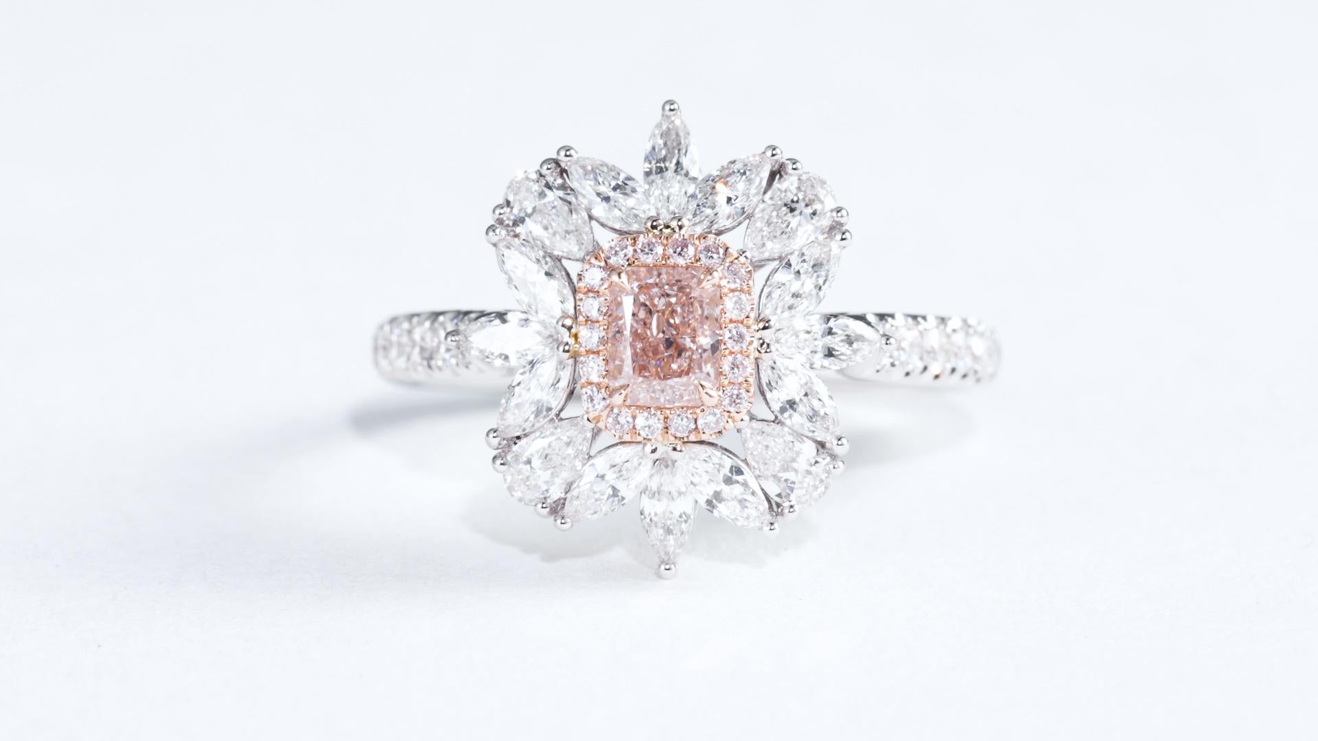 Cushion Cut GIA Certified, 0.37ct Natural Fancy Light Orangy Pink Radiant Cut Solitaire Ring For Sale