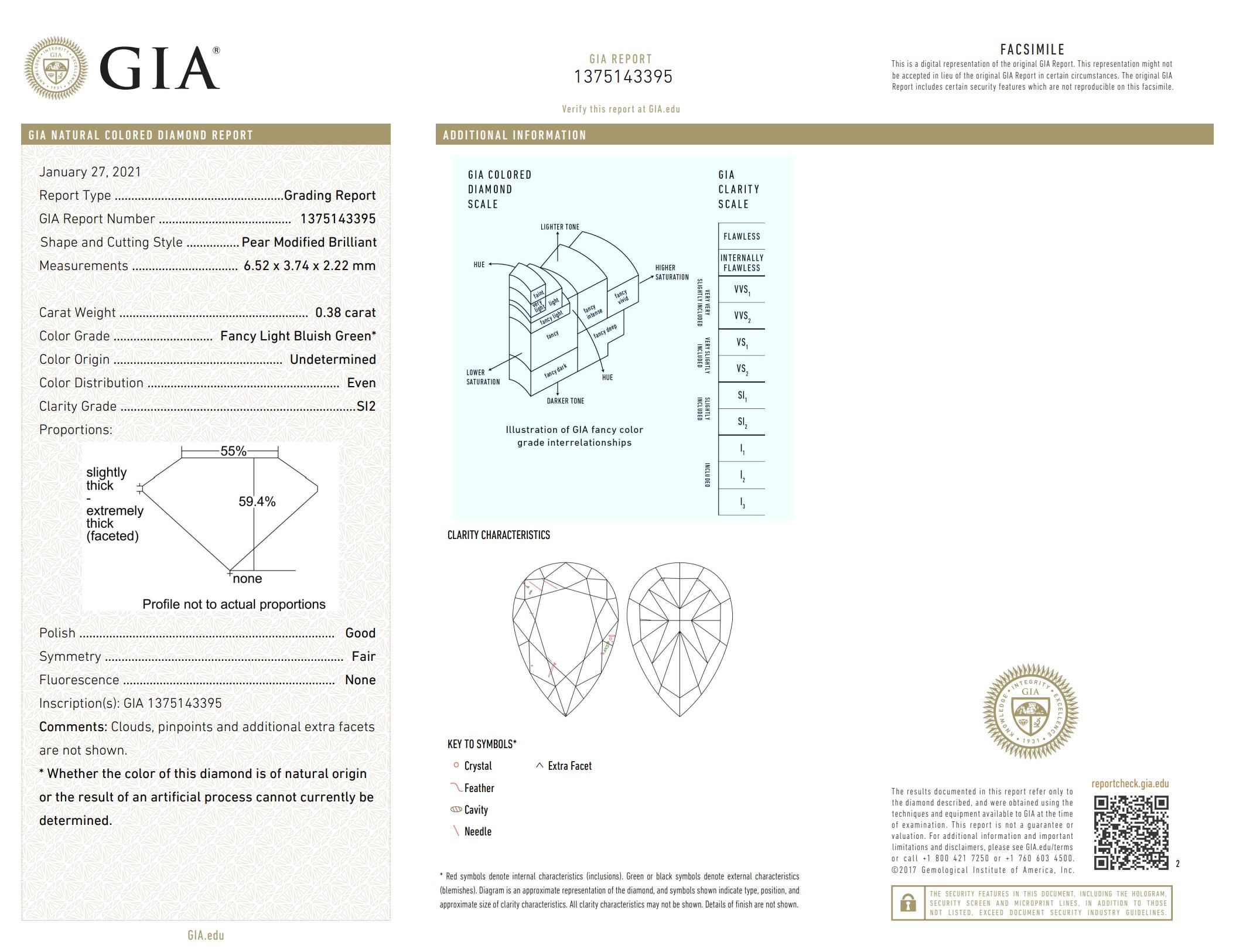 GIA Certified 0.38 Carat Fancy Light Bluish Green SI2 Clarity Diamond For Sale 1