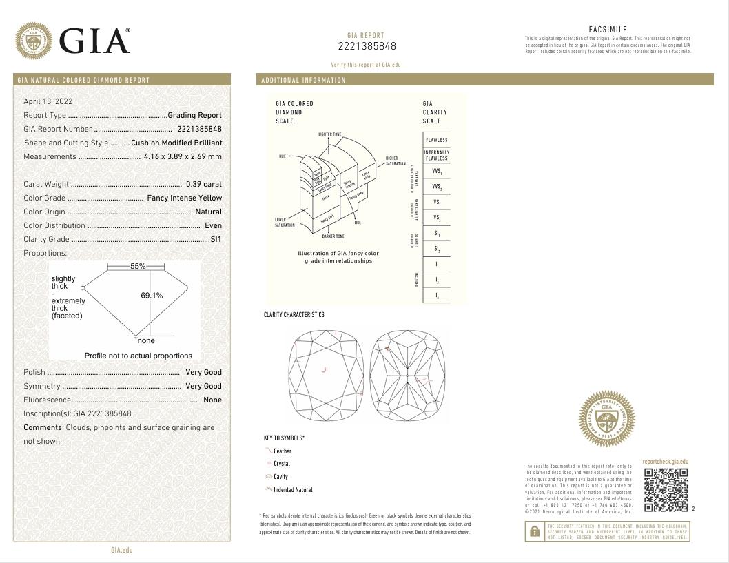 Diamant jaune intense de 0,39 carat de pureté SI1 certifié par le GIA en vente 1