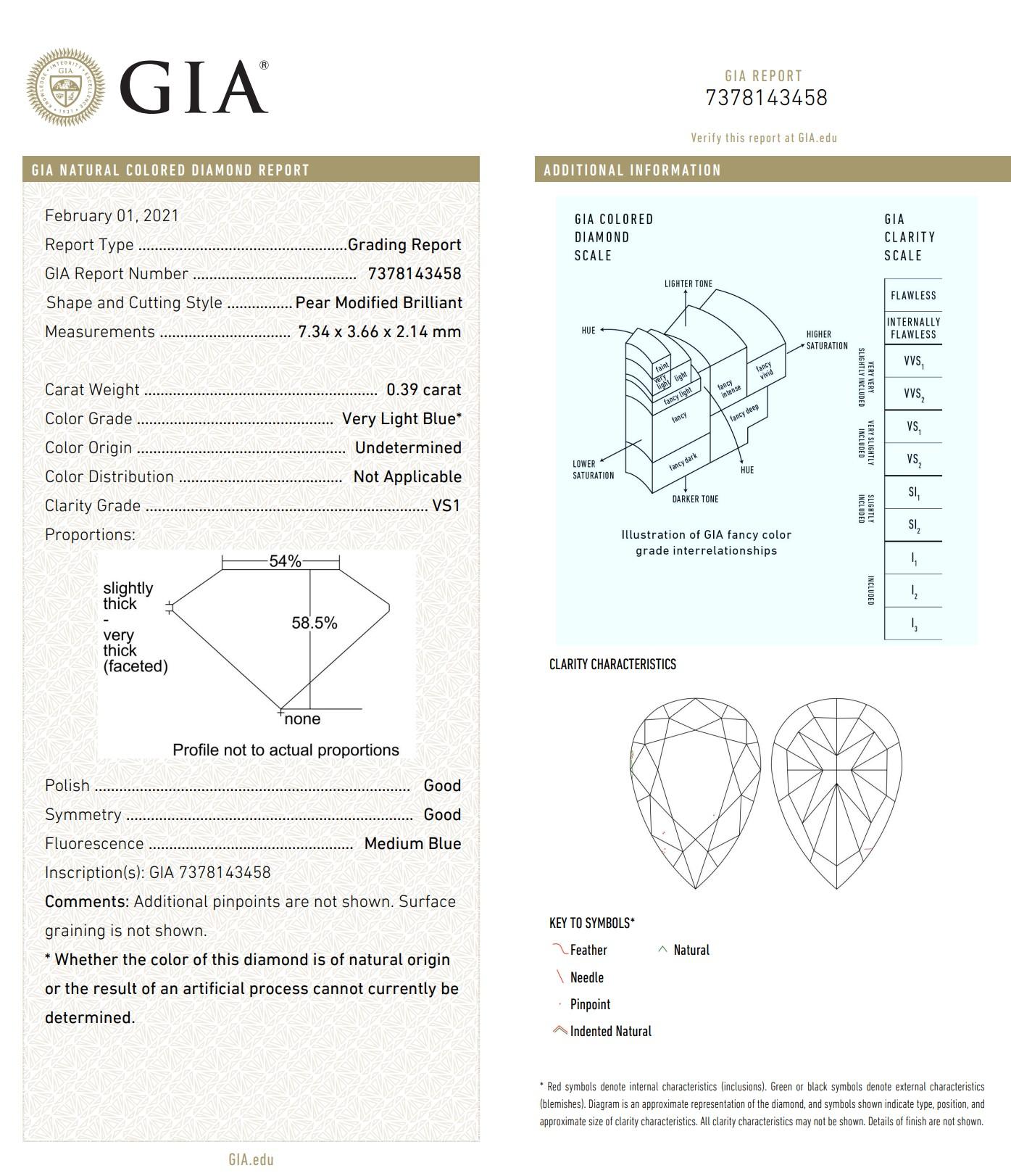 Diamante certificato GIA da 0,39 carati di colore blu molto chiaro con purezza VS1 in vendita 1