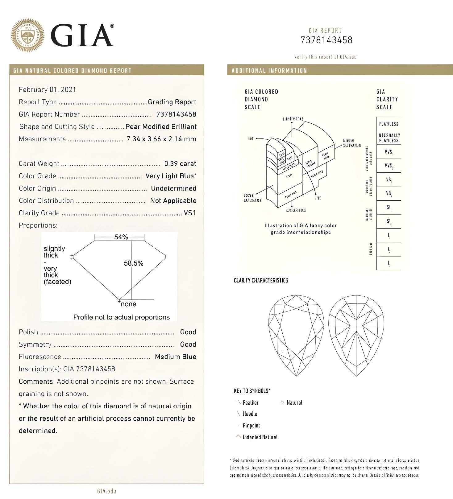 Anello con diamante certificato GIA da 0,39 carati di colore blu molto chiaro VS1 in vendita 1