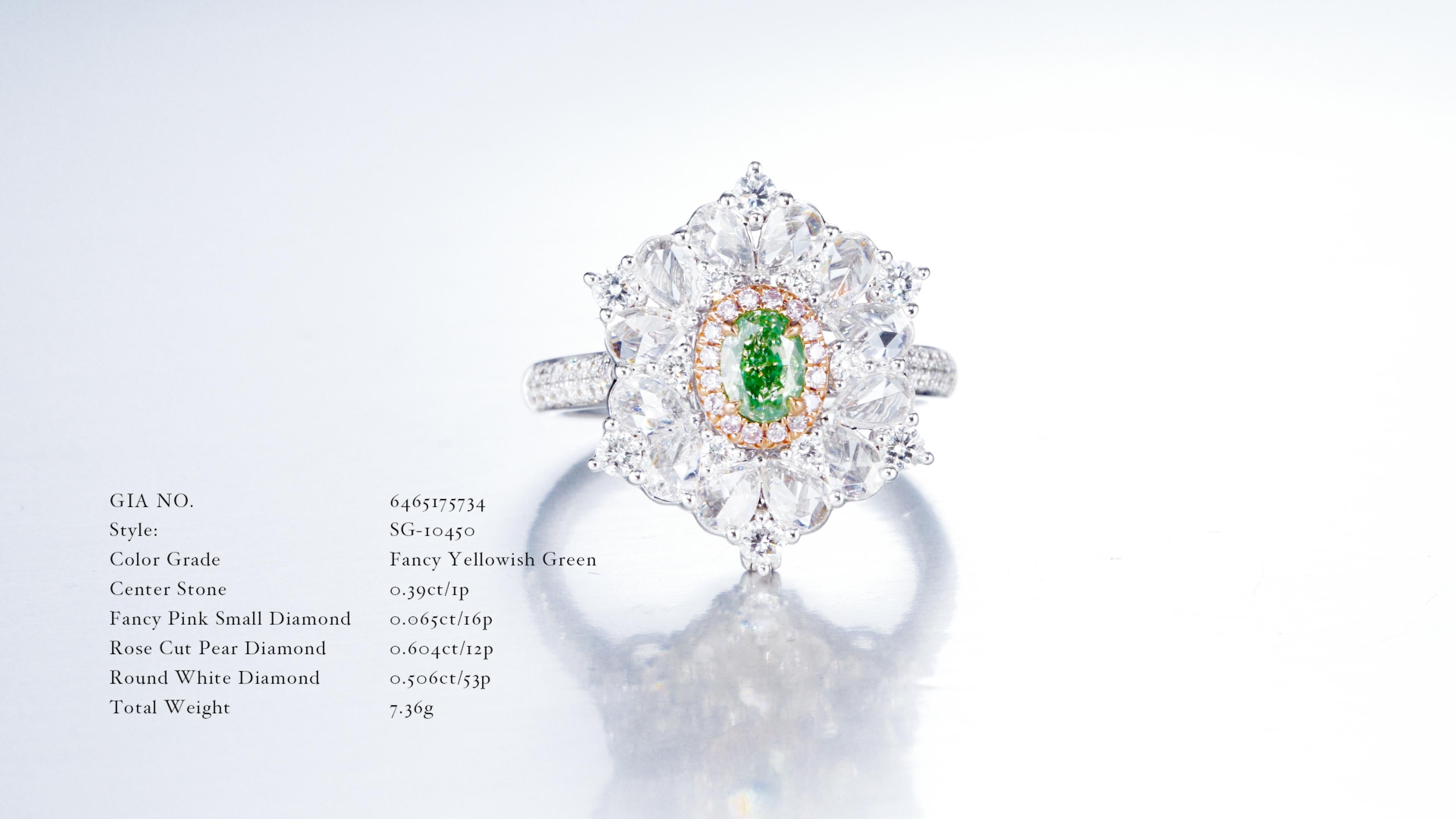 Rehaussez votre collection de bijoux avec cette exquise bague en diamant ovale certifié GIA de 0,39 carat de couleur naturelle vert jaunâtre, sertie dans un anneau d'or 18KT lustré. La pièce maîtresse captivante, un diamant fantaisie naturel rare et