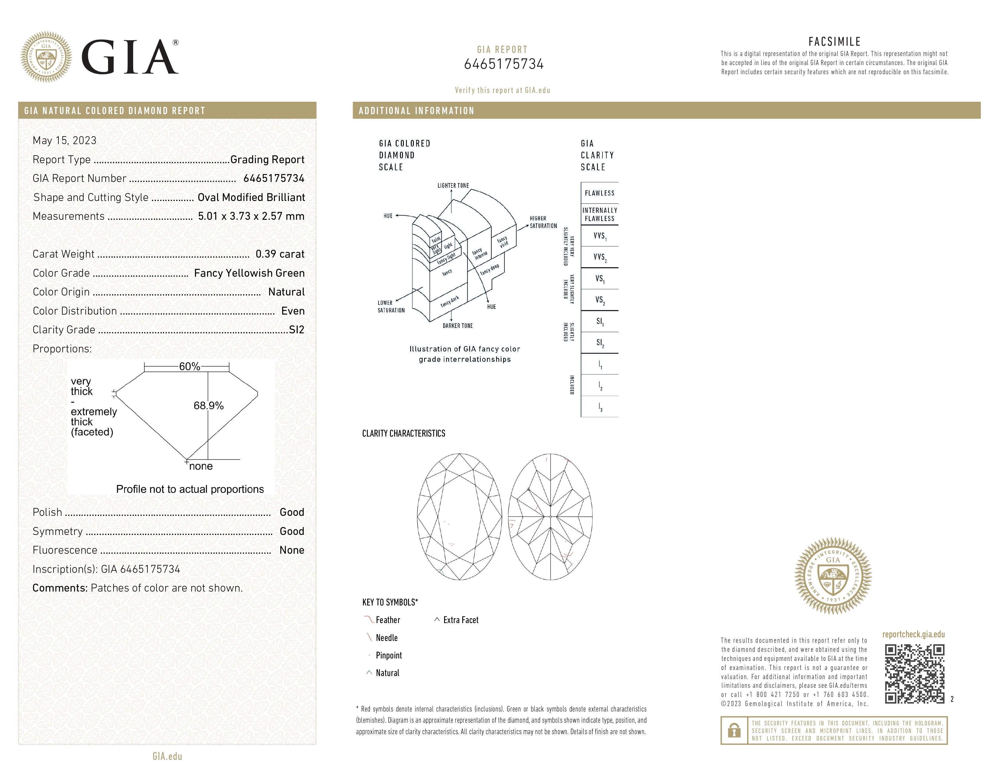 GIA Certified, 0.39cts Oval Natural Fancy Yellowish Green Diamond Ring in 18KT In New Condition For Sale In Hong Kong, HK