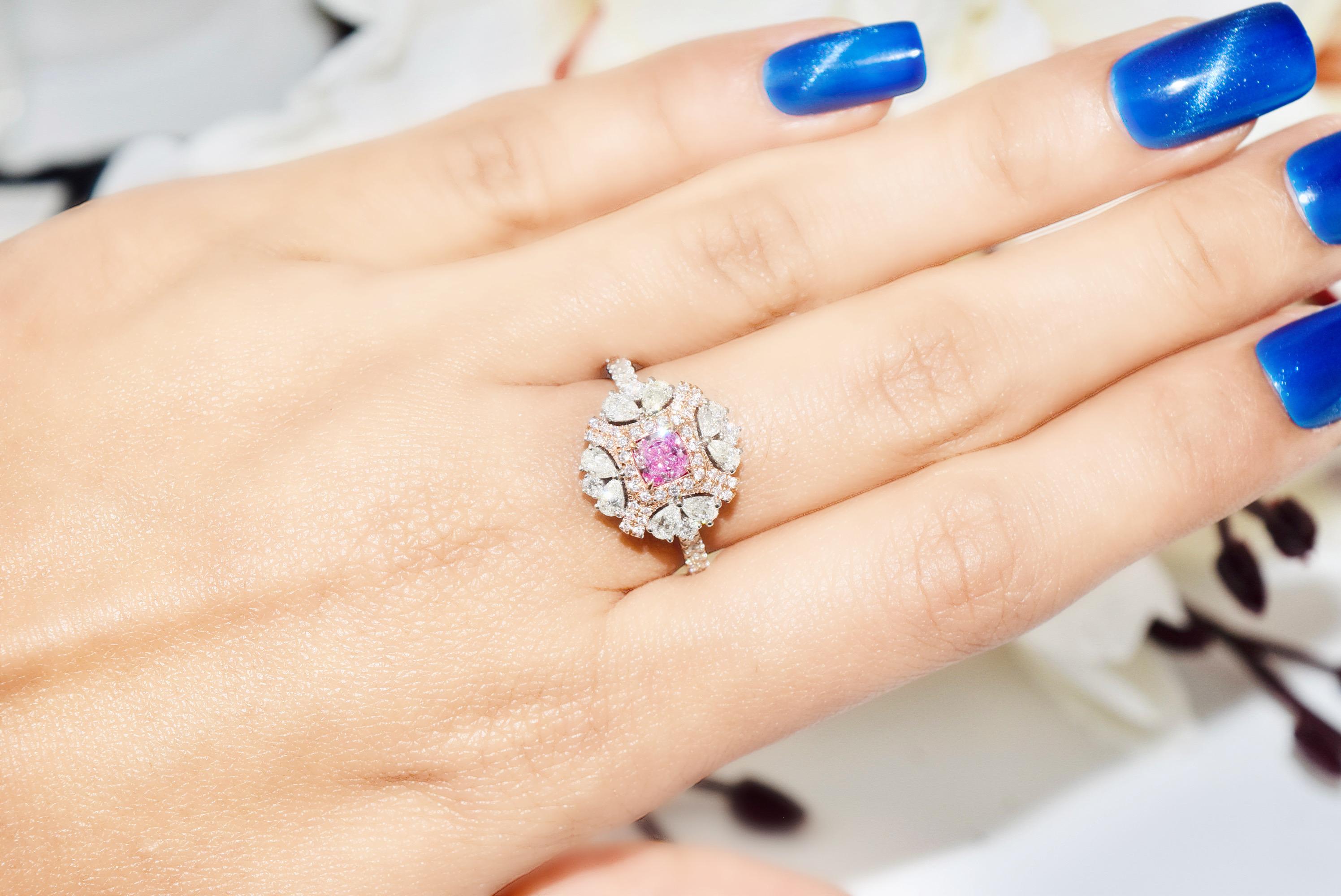 Cushion Cut GIA Certified 0.40 Carat Faint Pink SI1 Clarity Diamond ring For Sale