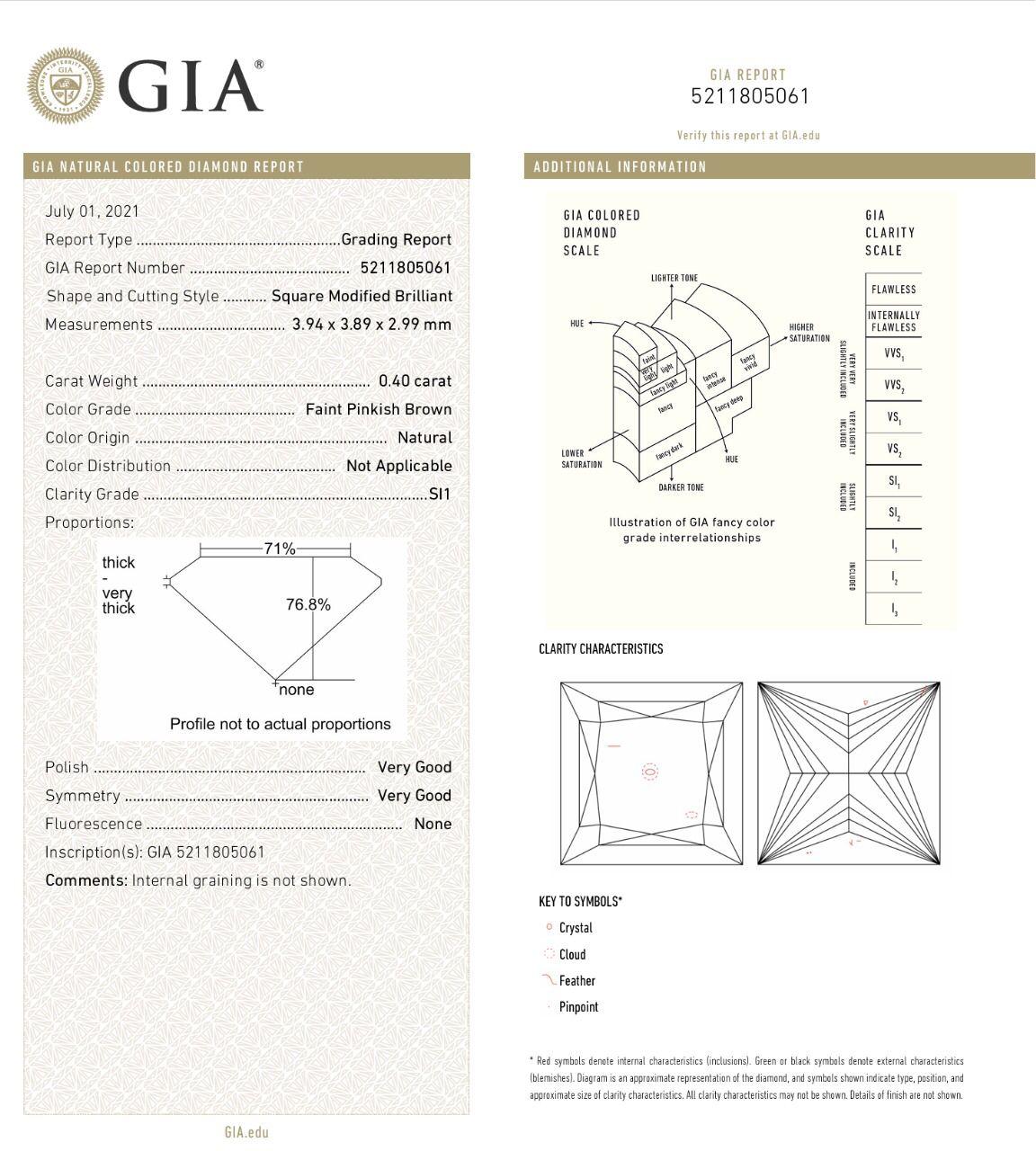 Anillo de diamantes con certificado GIA de 0,40 quilates de color marrón rosáceo tenue y claridad SI1 en venta 3