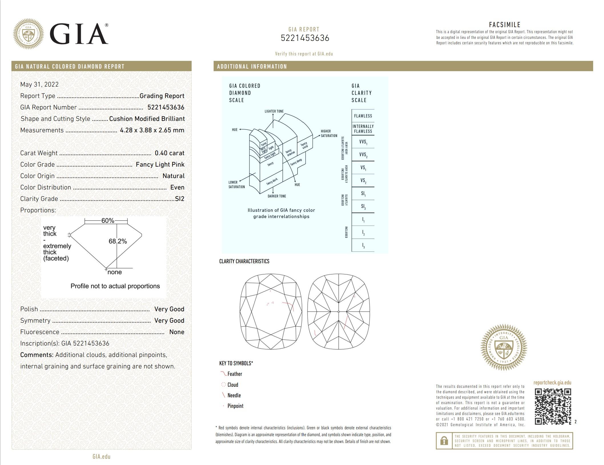 GIA Certified 0.40 Carat Fancy Light Pink SI2 Clarity Diamond For Sale 1