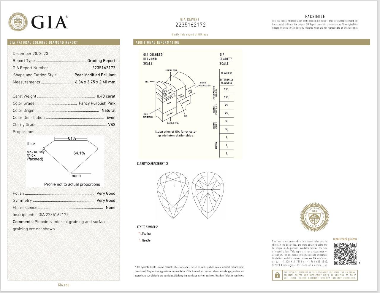 GIA Certified 0.40 Carat Fancy Purplish Pink VS2 Clarity Diamond 1