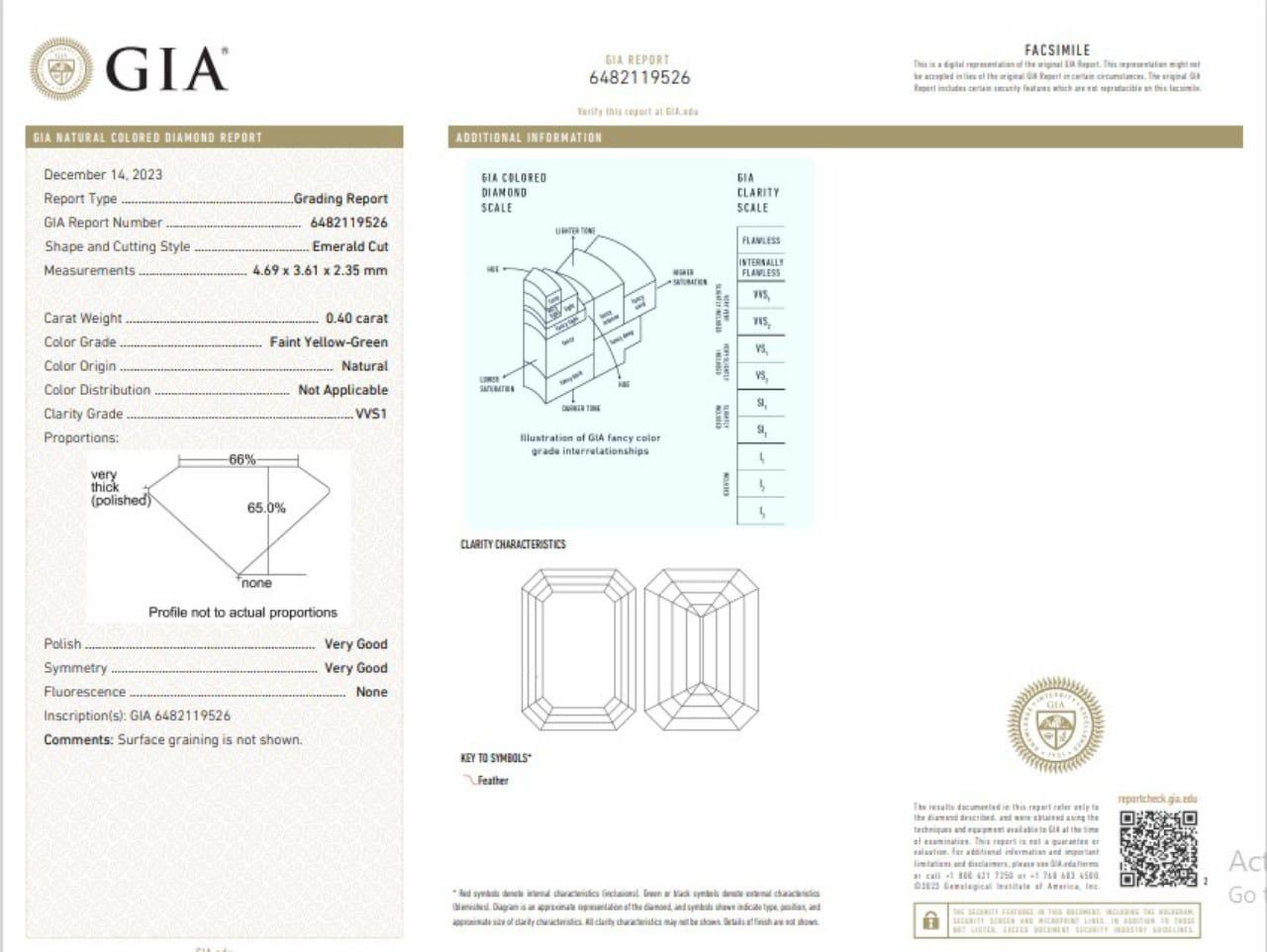 GIA Certified 0.40 Carat Faint Yellow Green VVS1 Clarity Diamond For Sale 1
