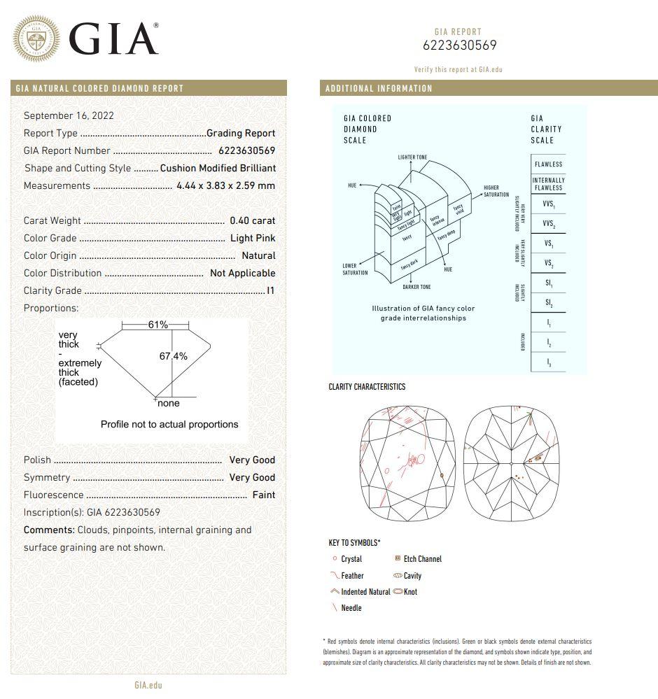 GIA Certified 0.40 Carat Light Pink I1 Clarity Diamond For Sale 1