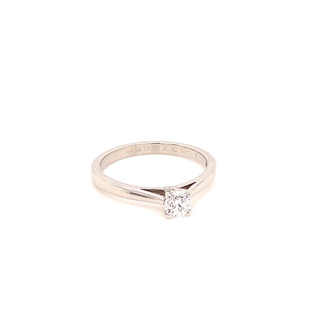 Timeless and classical, this elegant ring features a stunning solitaire Round Brilliant Diamond set in Platinum, giving it a polished and refined look.

The ring featured in the image below weighs 0.40 Carats and is of D colour and VS1 clarity. This