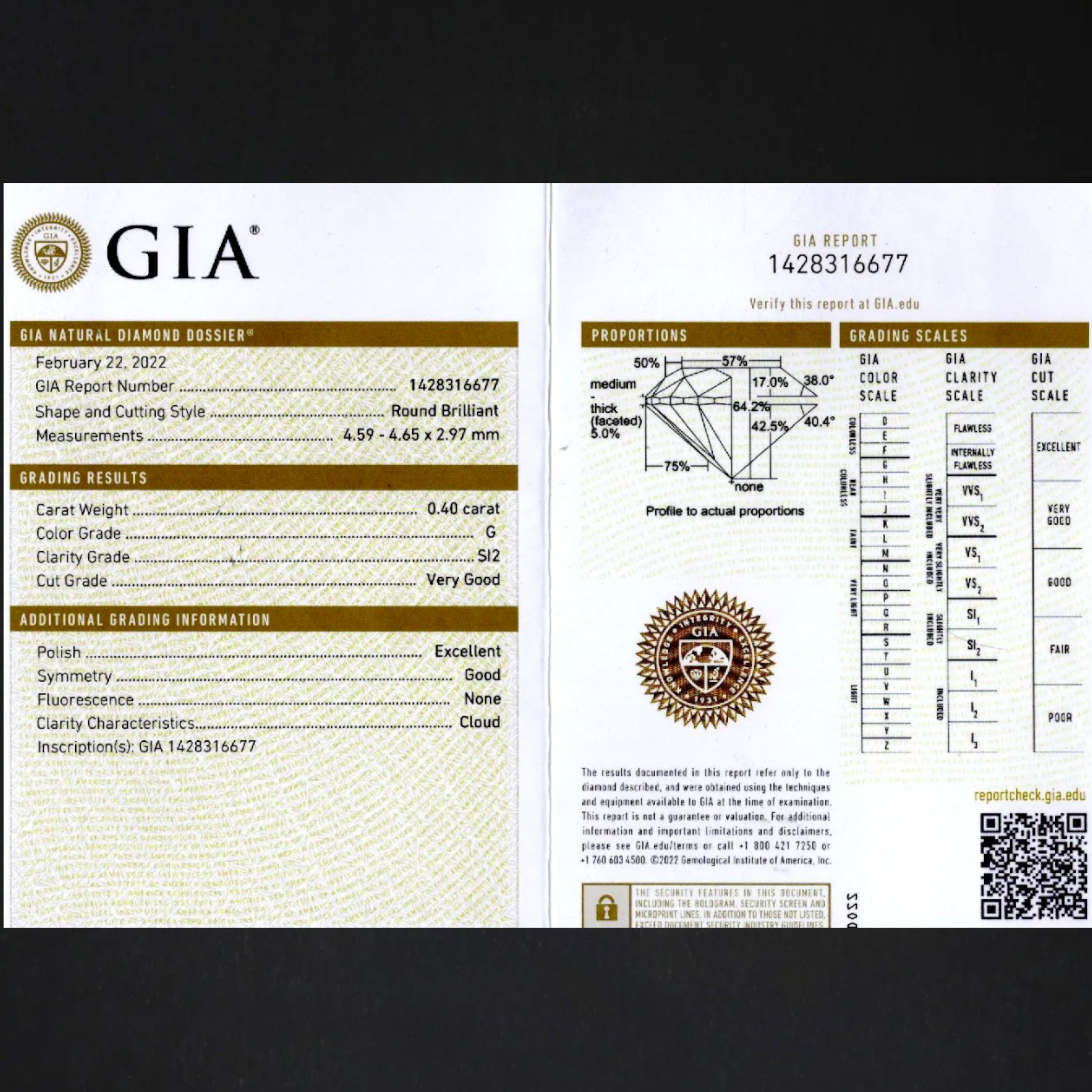 💎 Metal: 14k Yellow Gold
💫 Total Carat Weight: 0.47ct
✨ Center Stone: 0.40ct GIA Certified Diamond (G SI2, 100% Eye Clean)
💎 Side Diamonds: 0.07ct (G-H Color, SI1 Clarity)
📏 Ring Dimensions: 4.8mm across, 4.2mm height
⚖ Weight: 1.88 grams

A