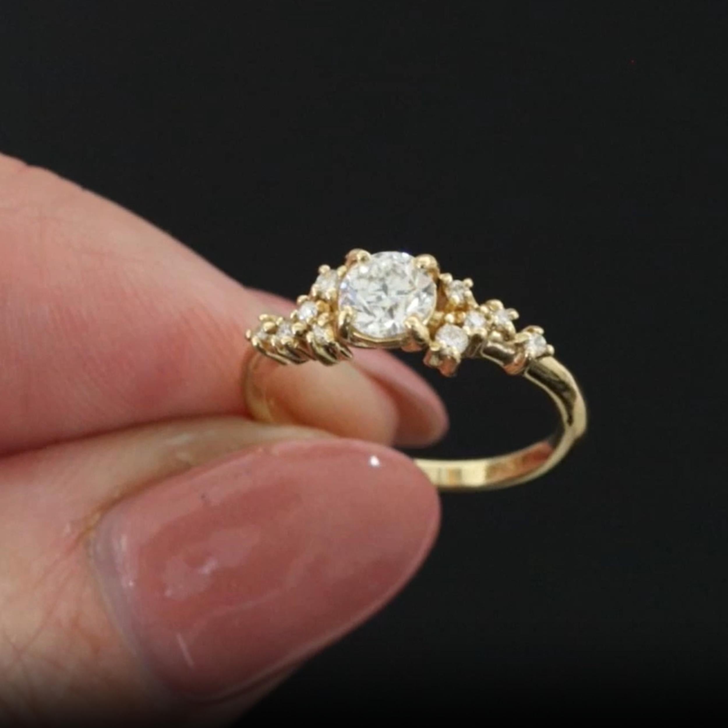 Contemporary GIA Certified 0.40ct G SI2 Diamond Asymmetrical Cluster Ring in 14k Yellow Gold For Sale