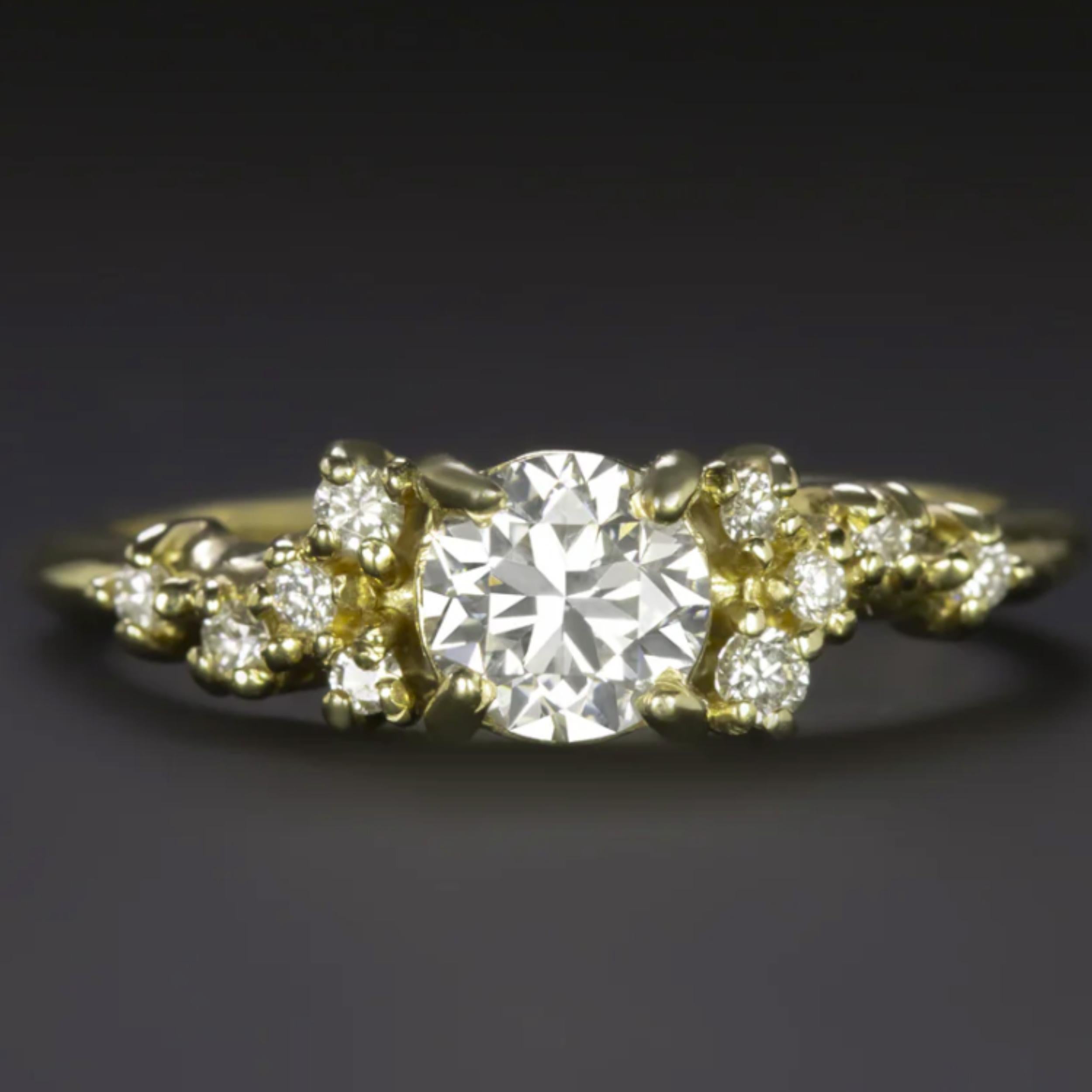 Round Cut GIA Certified 0.40ct G SI2 Diamond Asymmetrical Cluster Ring in 14k Yellow Gold For Sale