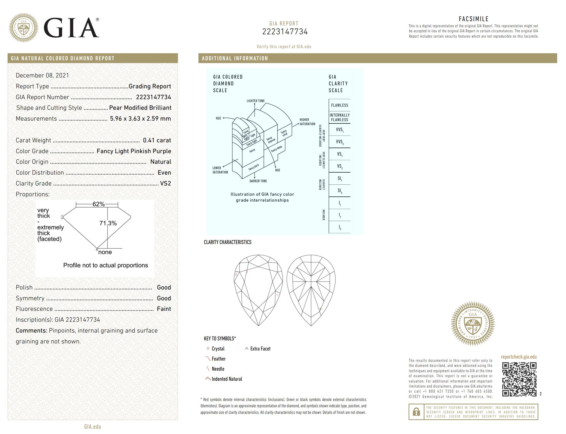 GIA Certified 0.41 Carat Fancy Light Pinkish Purple VS2 Clarity Diamond For Sale 1