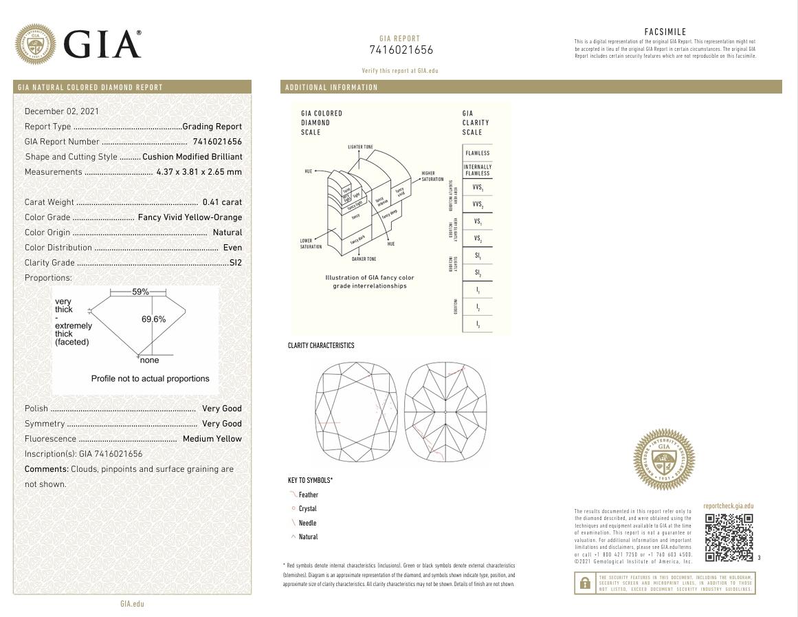 GIA Certified 0.41 Carat Fancy Vivid Yelllow Orange SI2 Clarity Diamond For Sale 1