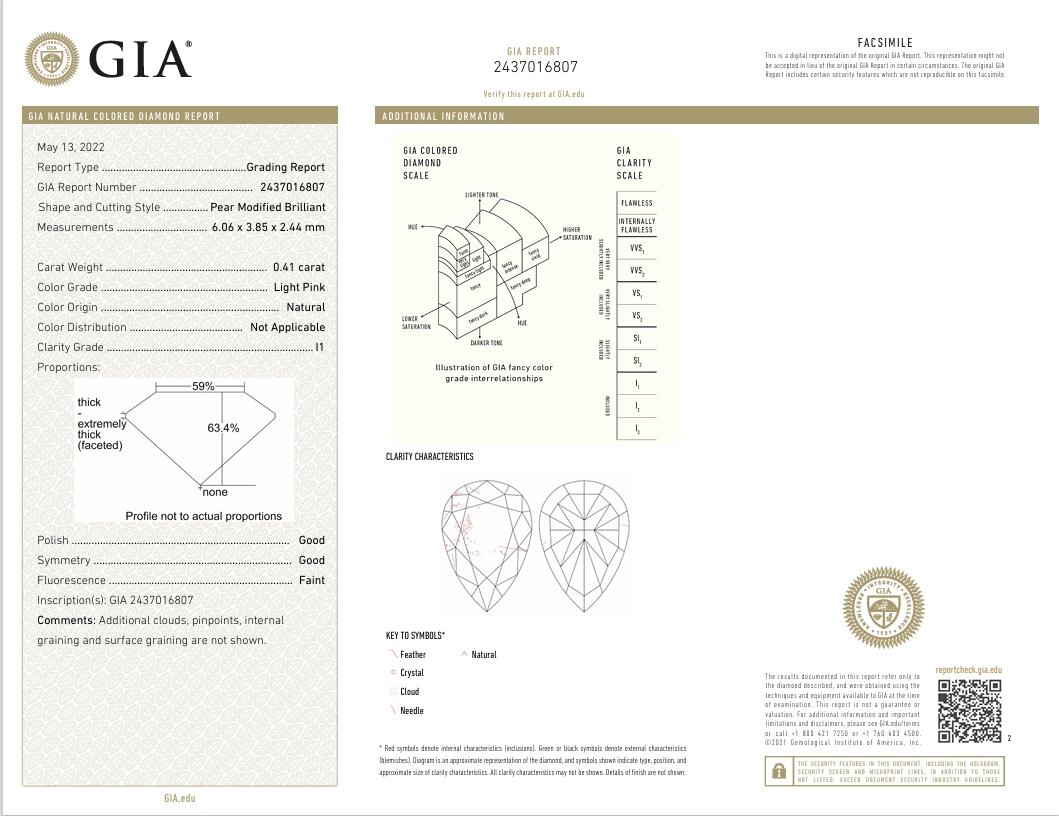 GIA Certified 0.41 Carat Light Pink I1 Clarity Diamond For Sale 1
