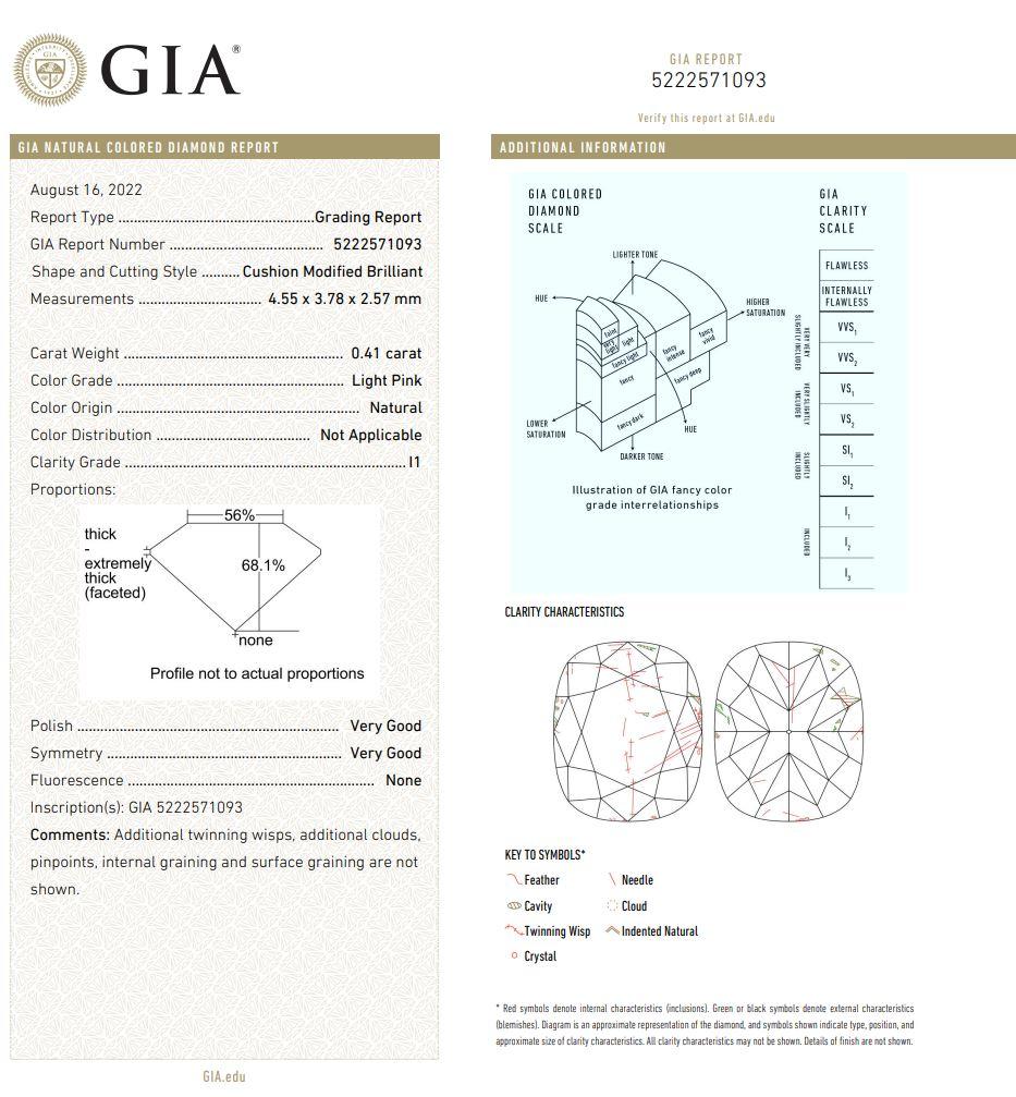 GIA Certified 0.41 Carat Light Pink I1 Clarity Diamond For Sale 1