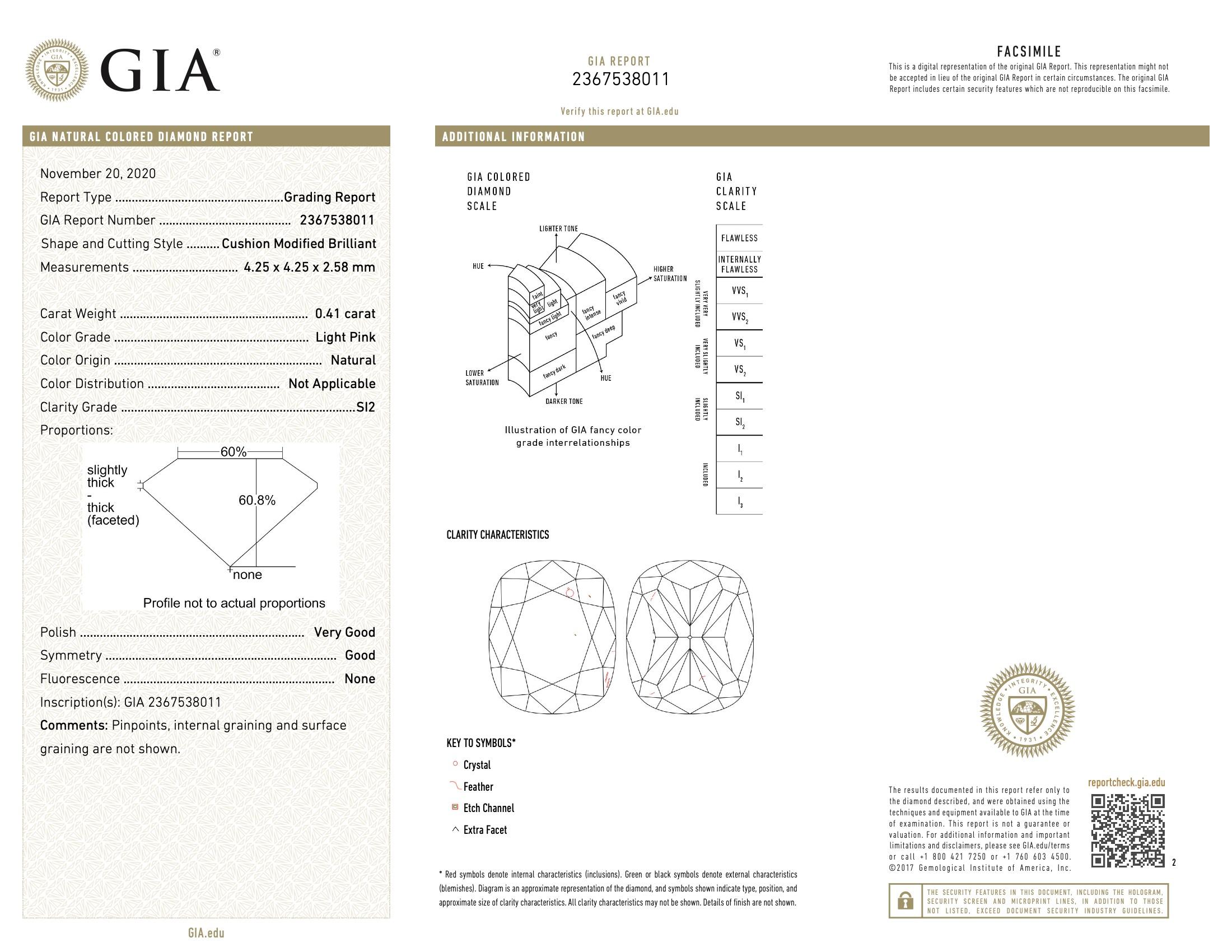 GIA Certified 0.41 Carat Light Pink SI2 Clarity Diamond For Sale 1