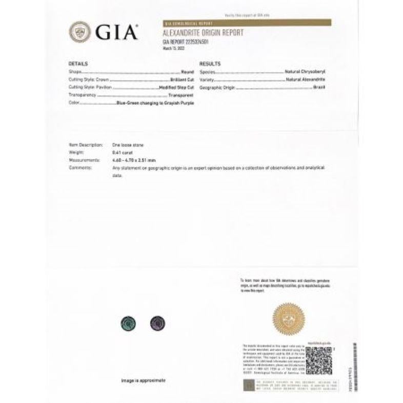 Bonjour ! Nous sommes heureux de partager avec vous le certificat du rapport GIA. Ainsi, vous pouvez être sûr que la pierre que vous avez achetée est une véritable alexandrite naturelle du Brésil de 0,41 carat. Le rapport de la GIA indique que