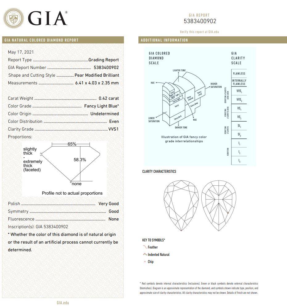 Women's or Men's GIA Certified 0.42 Carat Fancy Light Blue VVS1 Clarity Diamond