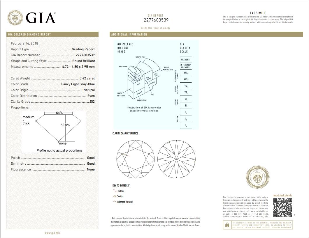 Diamante certificato GIA da 0,42 carati, di colore blu grigio chiaro e di chiarezza SI2 in vendita 1