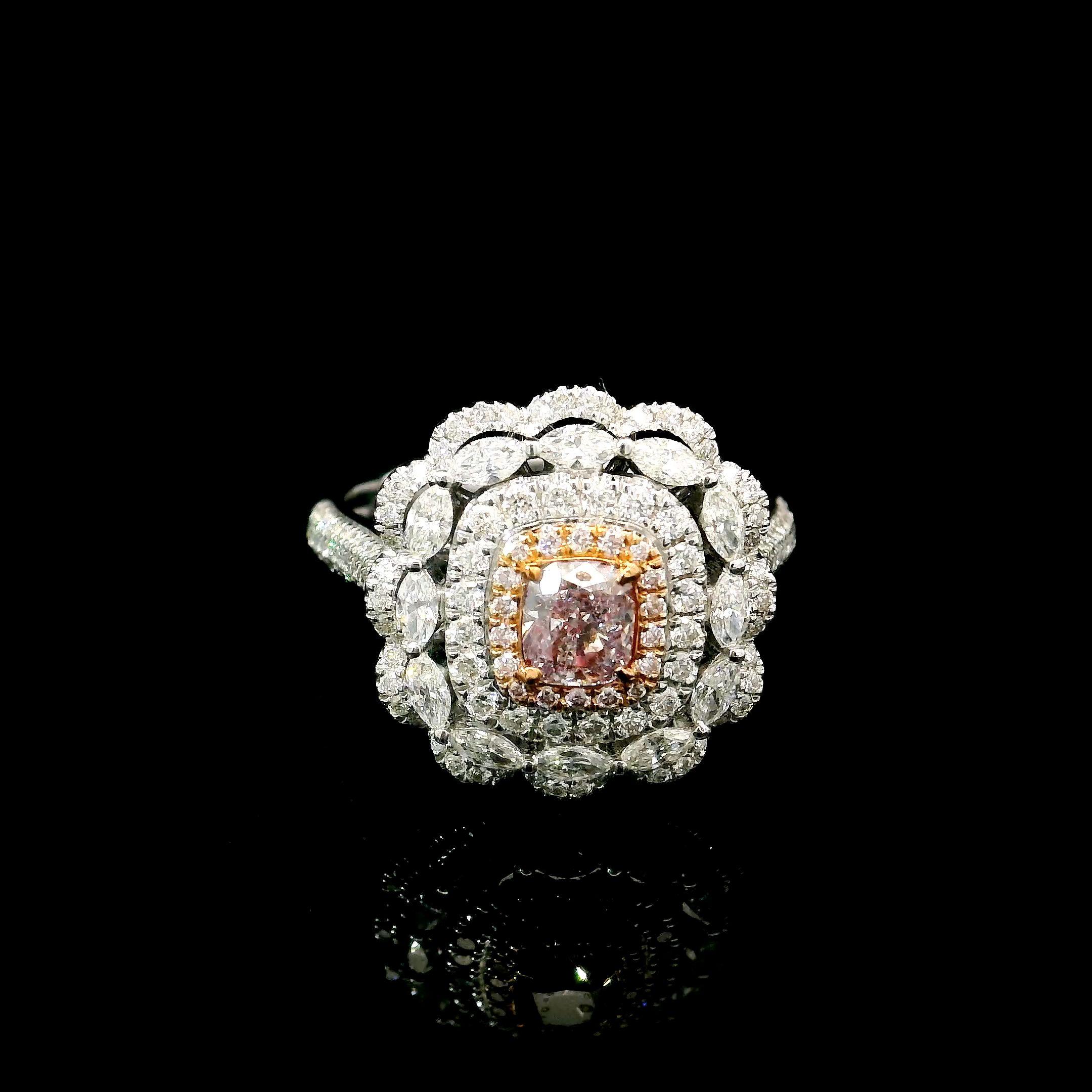18kt white gold ring with diamonds
  
  Gold colour & karat: White gold 18kt
  Weight: 5.03 grams
  
  Set with-
  Stone type: Diamonds
  Shape: Cushion
  Carat: 0.42
  Colour: Fancy Light Purplish Pink
  Clarity: SI2
  
  Surrounding Stones: