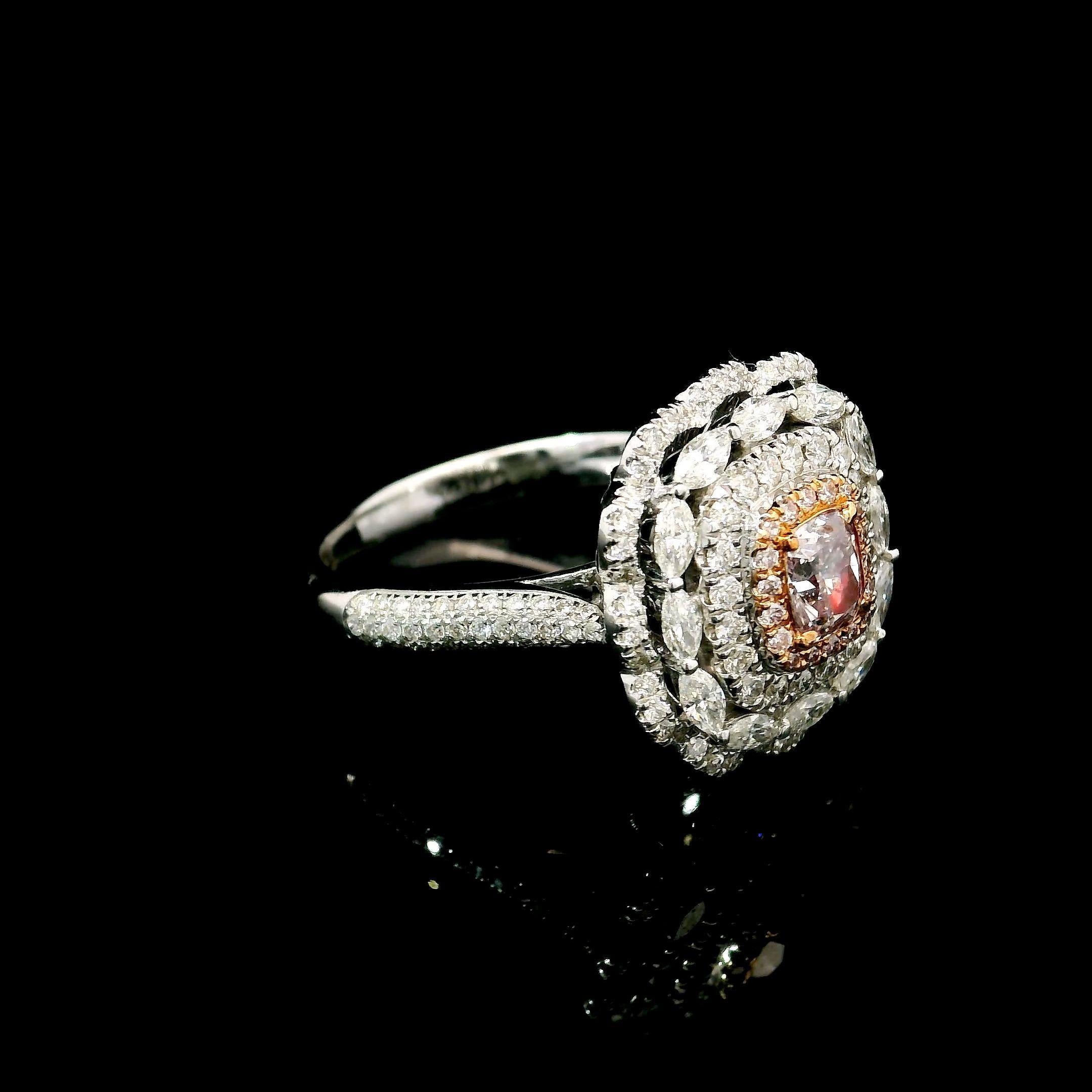 Cushion Cut GIA Certified 0.42 Carat Fancy Light Purplish Pink SI2 Clarity Diamond Ring For Sale