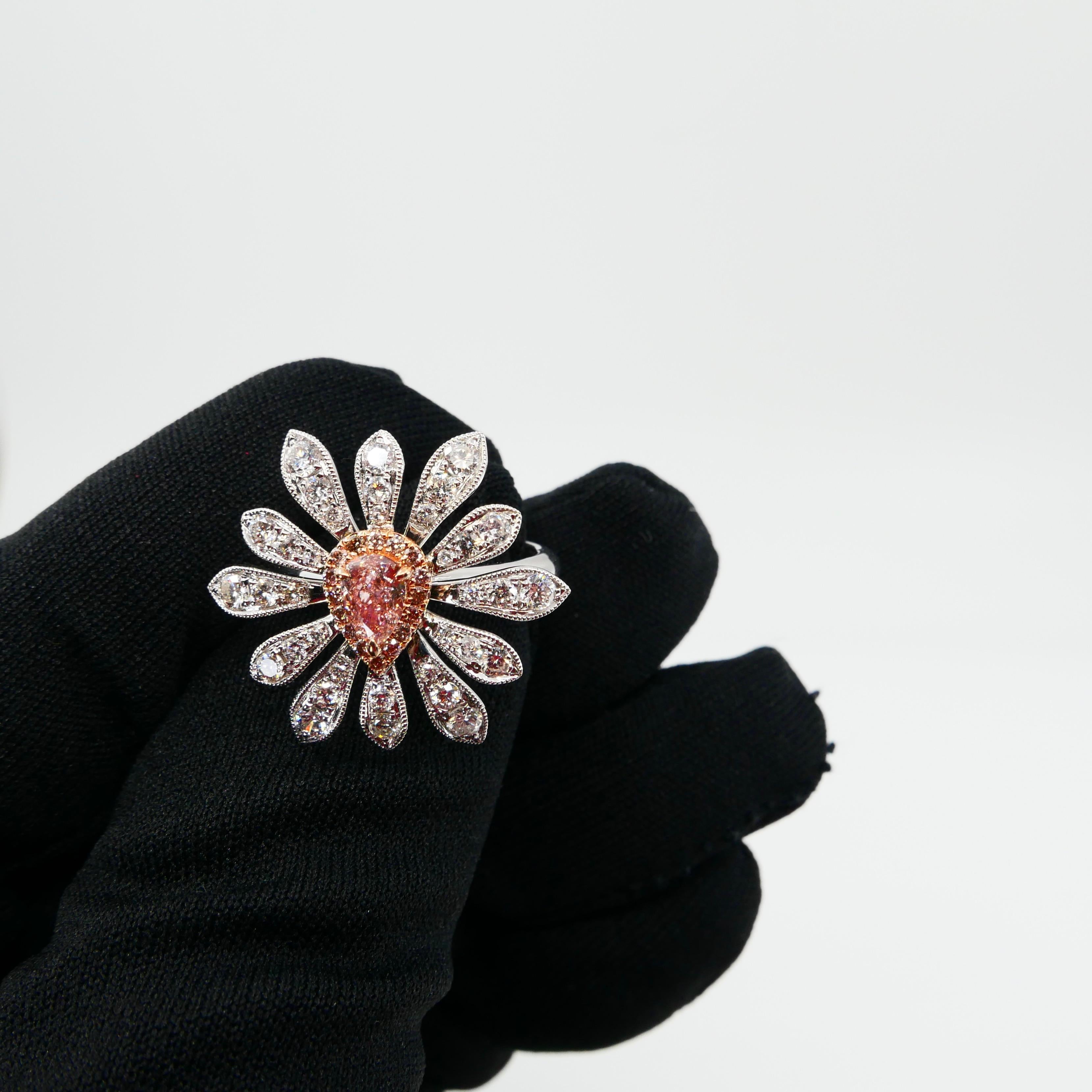 GIA Certified 0.42 Carat Fancy Orangy Pink Diamond Flower Cocktail Ring For Sale 1