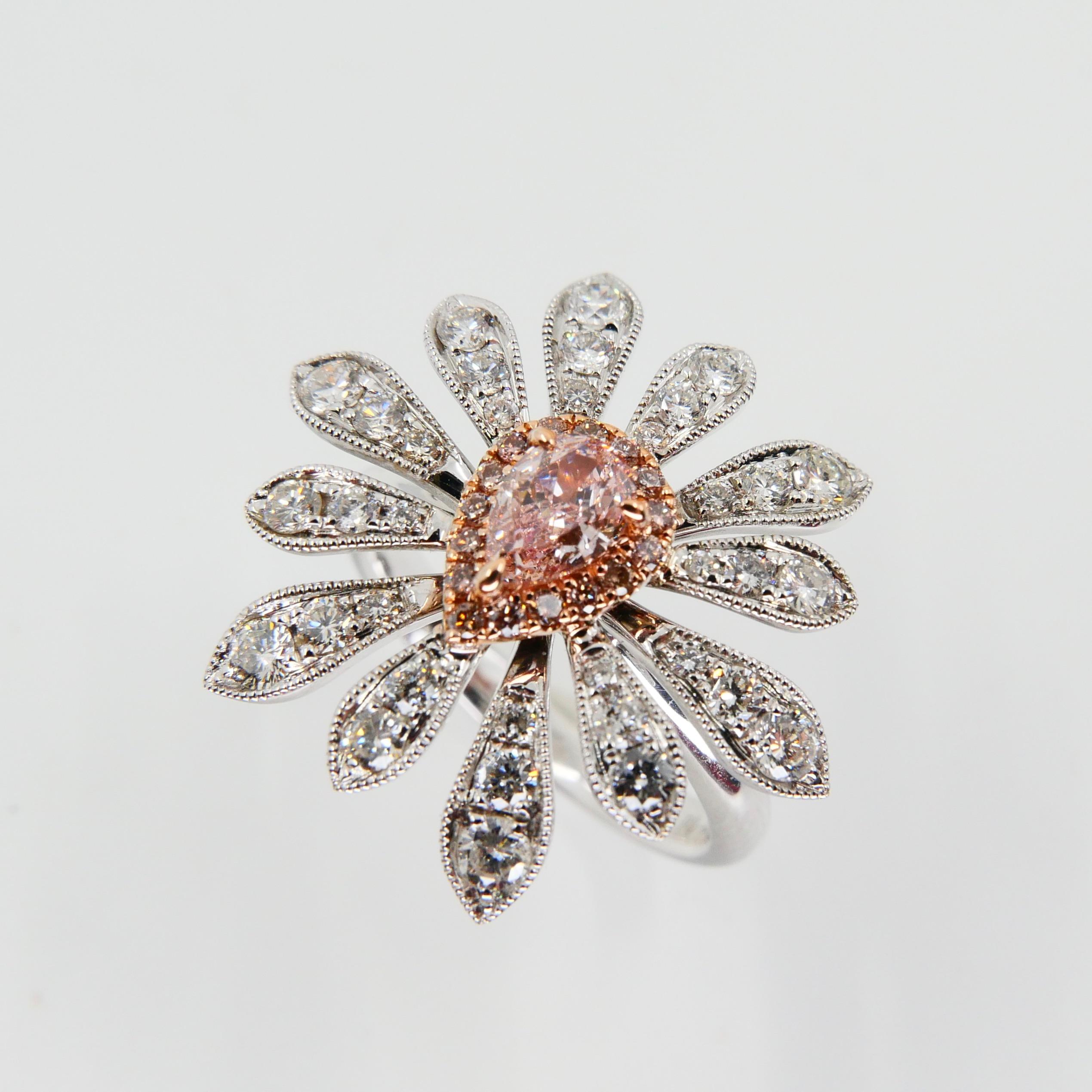 GIA Certified 0.42 Carat Fancy Orangy Pink Diamond Flower Cocktail Ring For Sale 2