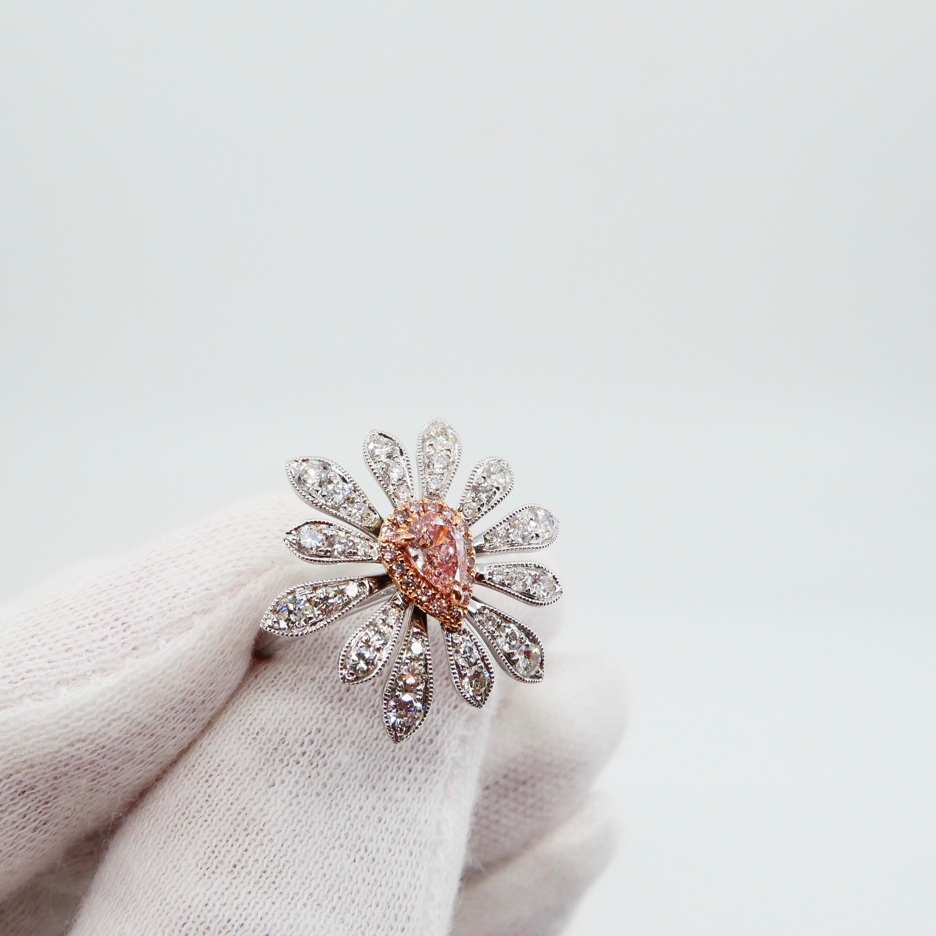 GIA Certified 0.42 Carat Fancy Orangy Pink Diamond Flower Cocktail Ring For Sale 3