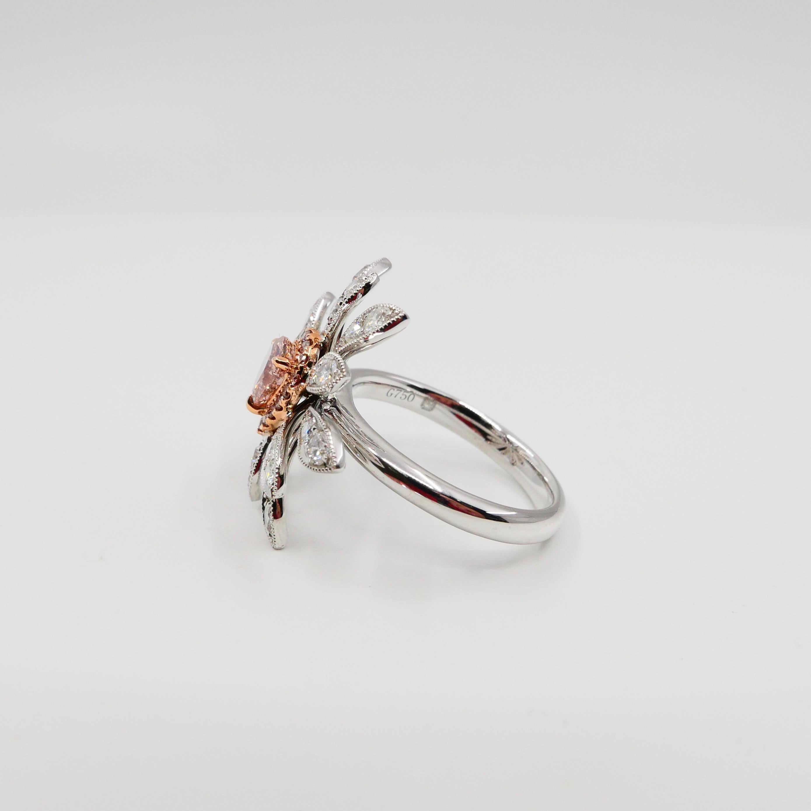 GIA Certified 0.42 Carat Fancy Orangy Pink Diamond Flower Cocktail Ring For Sale 4